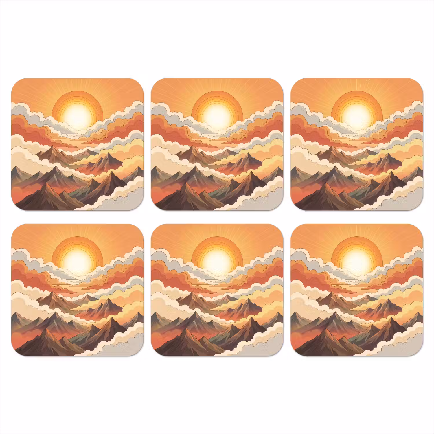 Bergen - Wolken - Natuur - Zonsopgang - Oranje onderzetter kurk middel -3d