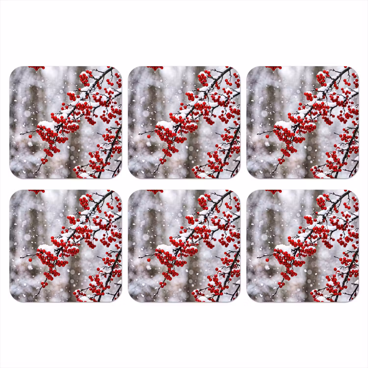 Bessen - Takken - Sneeuw - Winter - Kleurrijk onderzetter kurk middel -3d