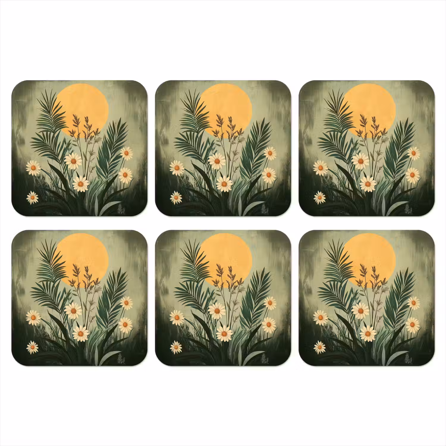 Bloemen - Bladeren - Zon - Groen onderzetter kurk middel -3d