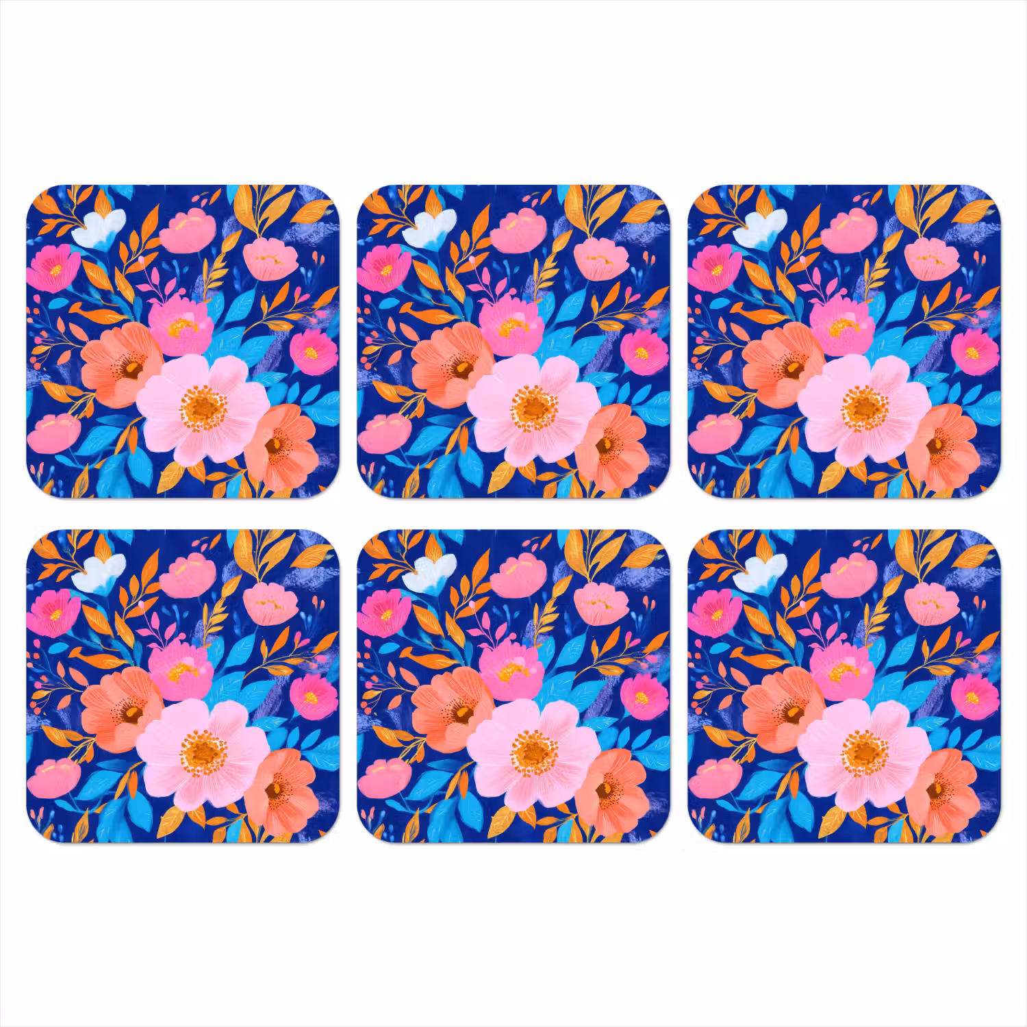 Bloemen - Blauw - Roze onderzetter kurk middel -3d