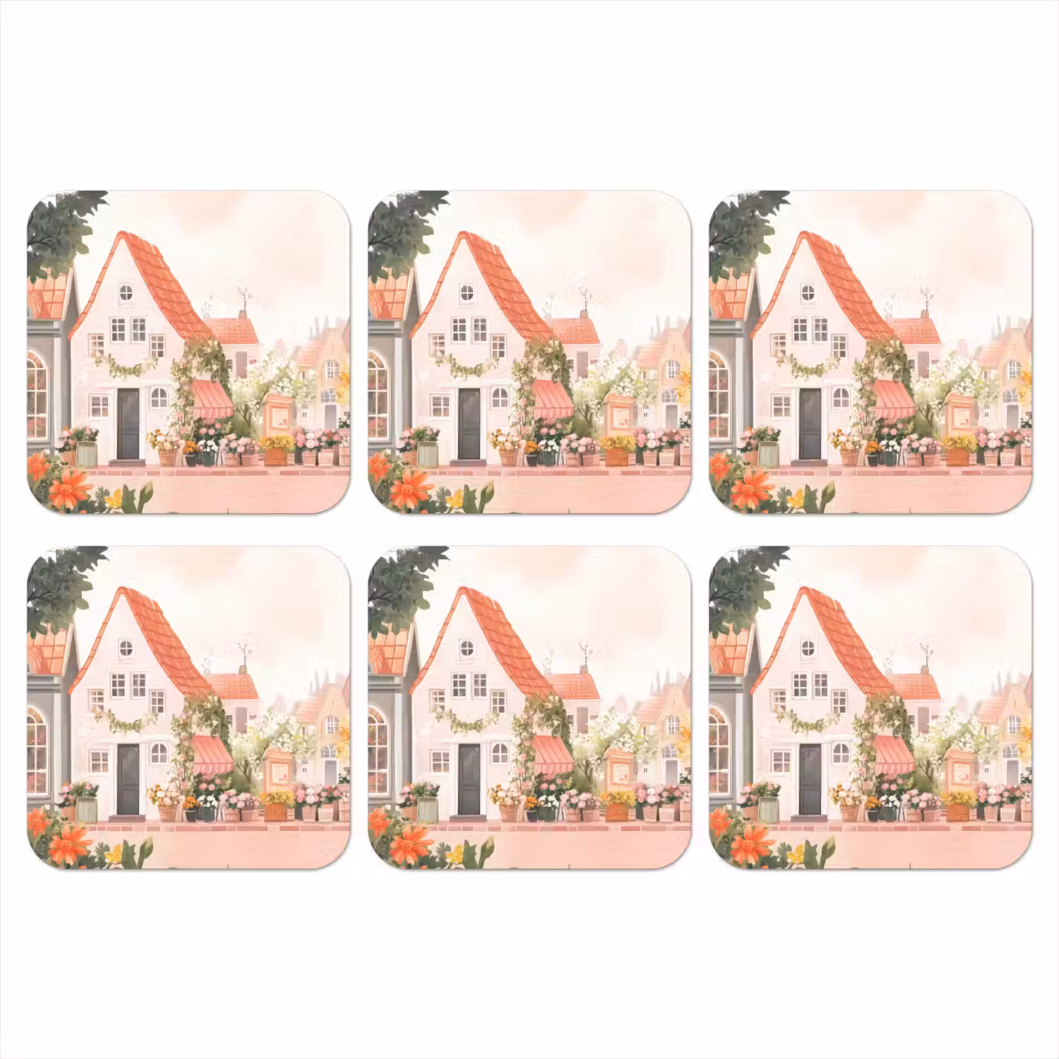 Bloemen - Huizen - Dorp onderzetter kurk middel -3d