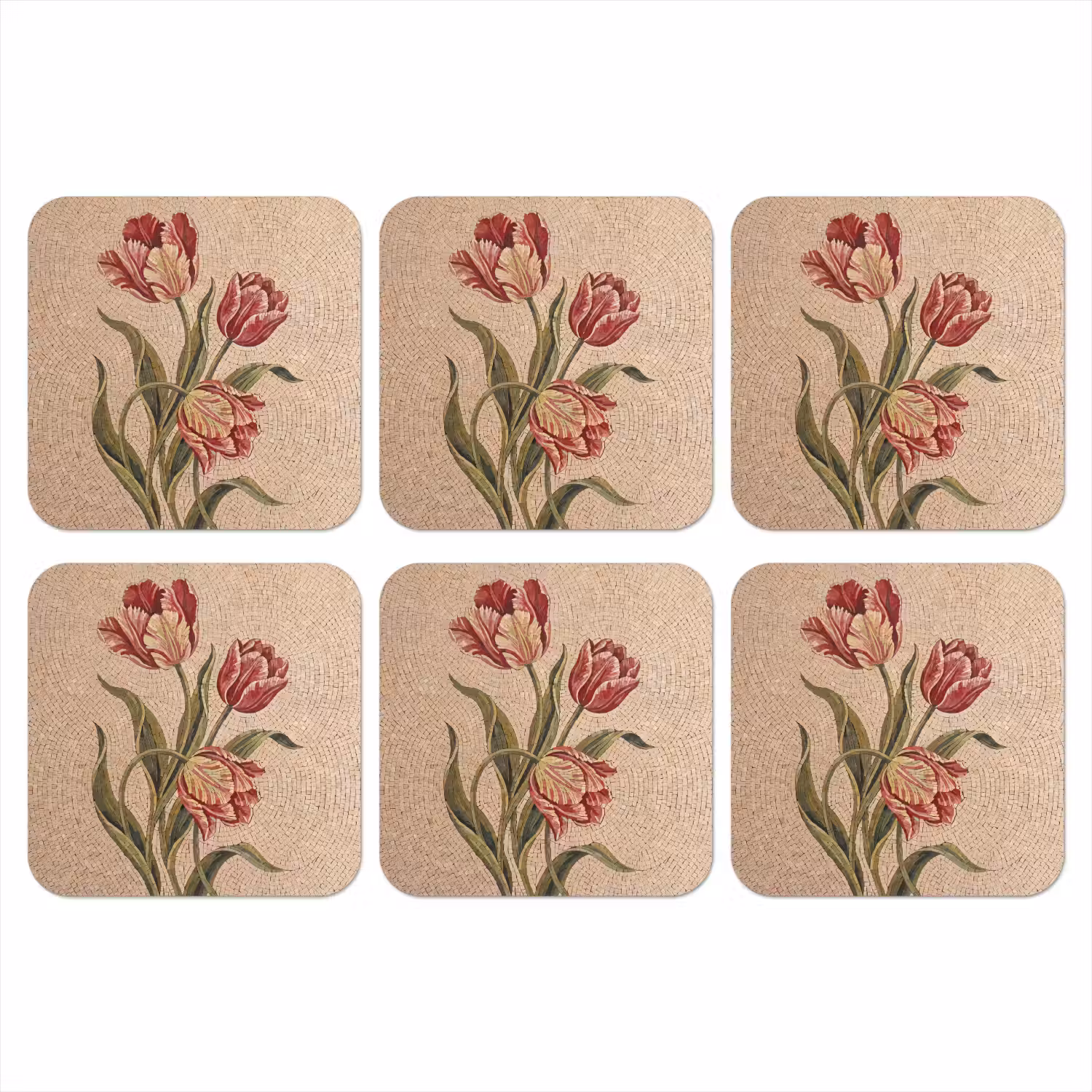 Bloemen - Mozaïek - Rood - Groen - Kunst onderzetter kurk middel -3d