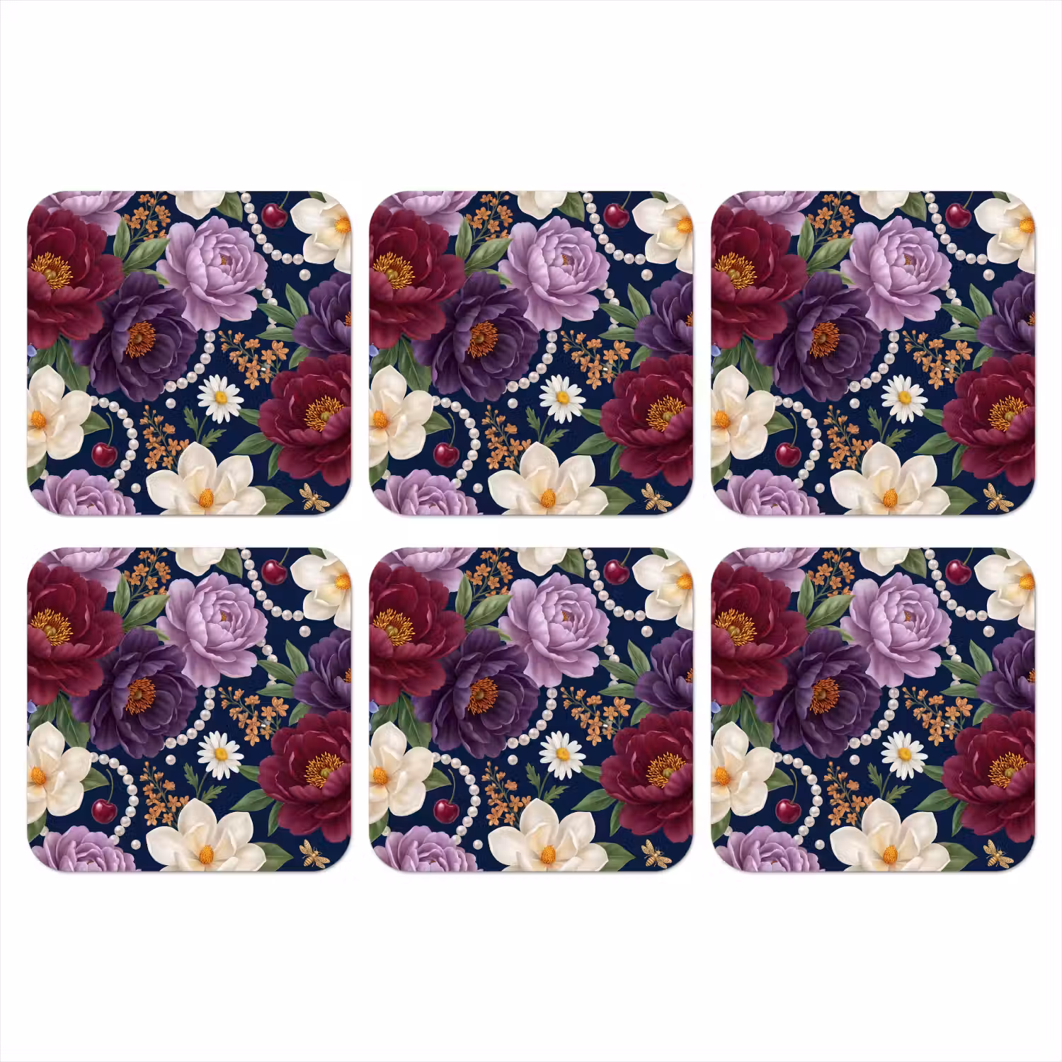 Bloemen - Parels - Decoratie - Modern - Blauw onderzetter kurk middel -3d