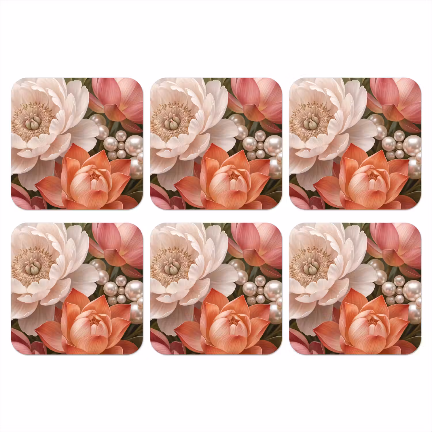 Bloemen - Parels - Elegant - Roze - Wit onderzetter kurk middel -3d