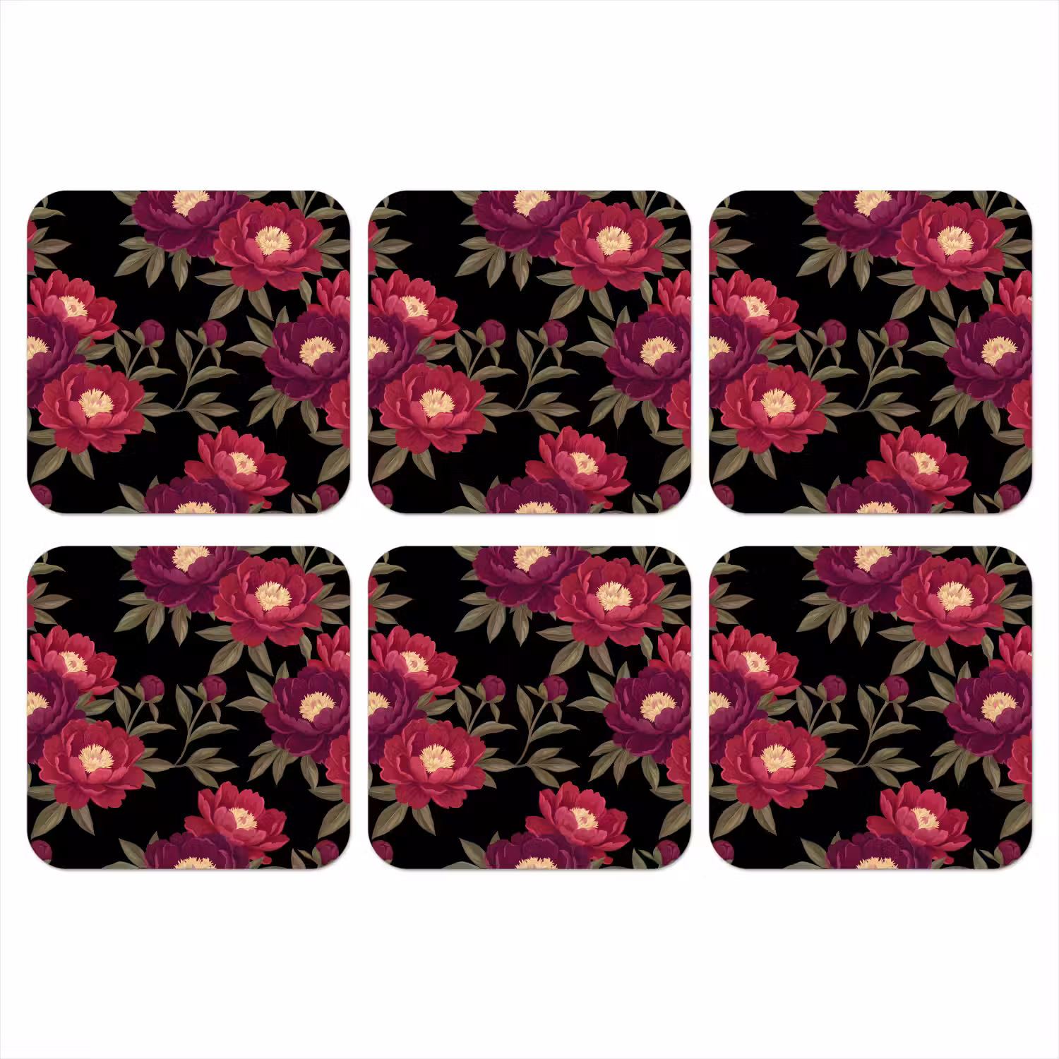 Bloemen - Patroon - Botanisch - Rood - Zwart onderzetter kurk middel -3d