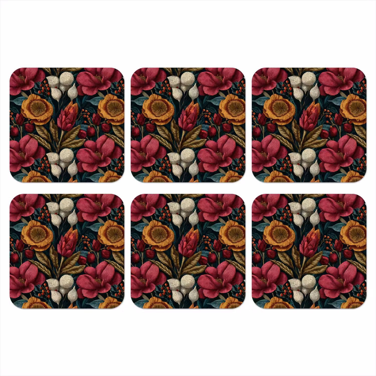 Bloemen - Patroon - Rood - Goud onderzetter kurk middel 366 -3d
