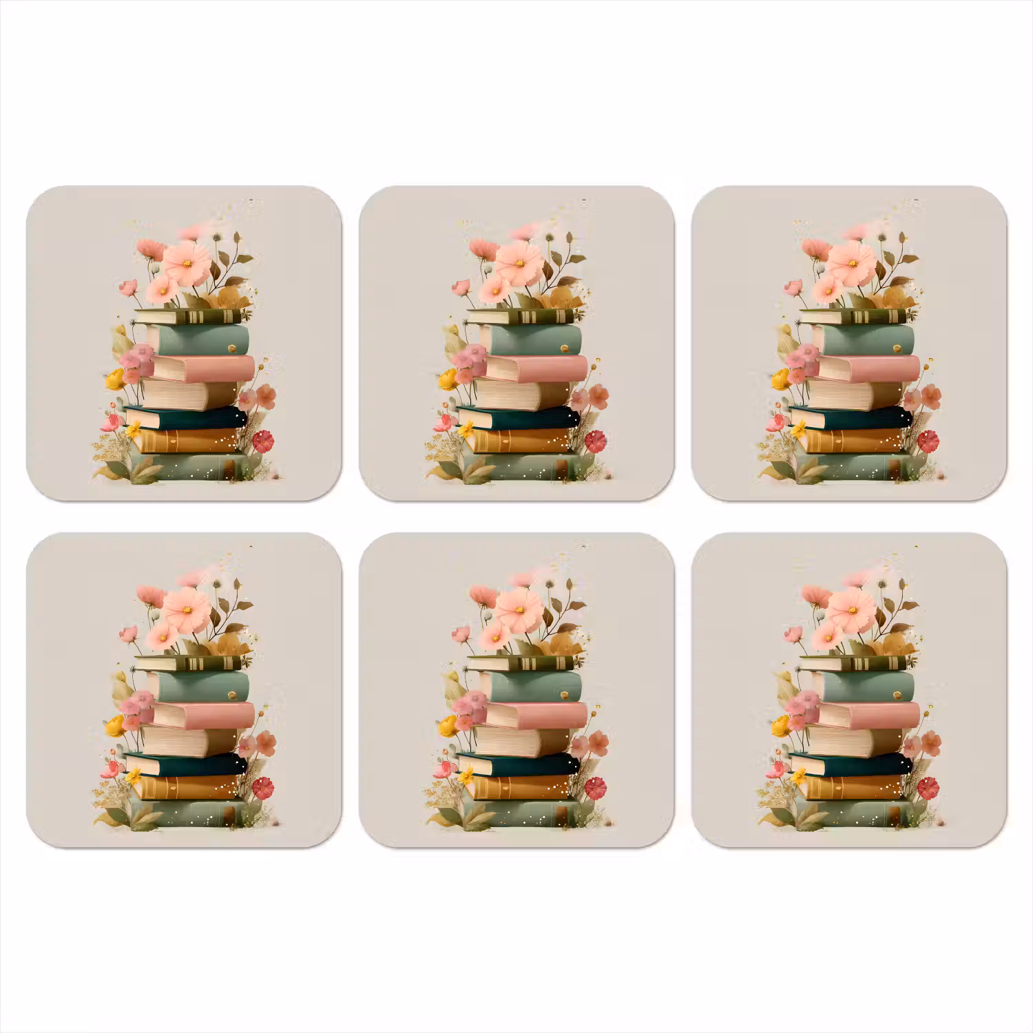 Boeken - Stapel - Bloemen - Kleurrijk onderzetter kurk middel -3d