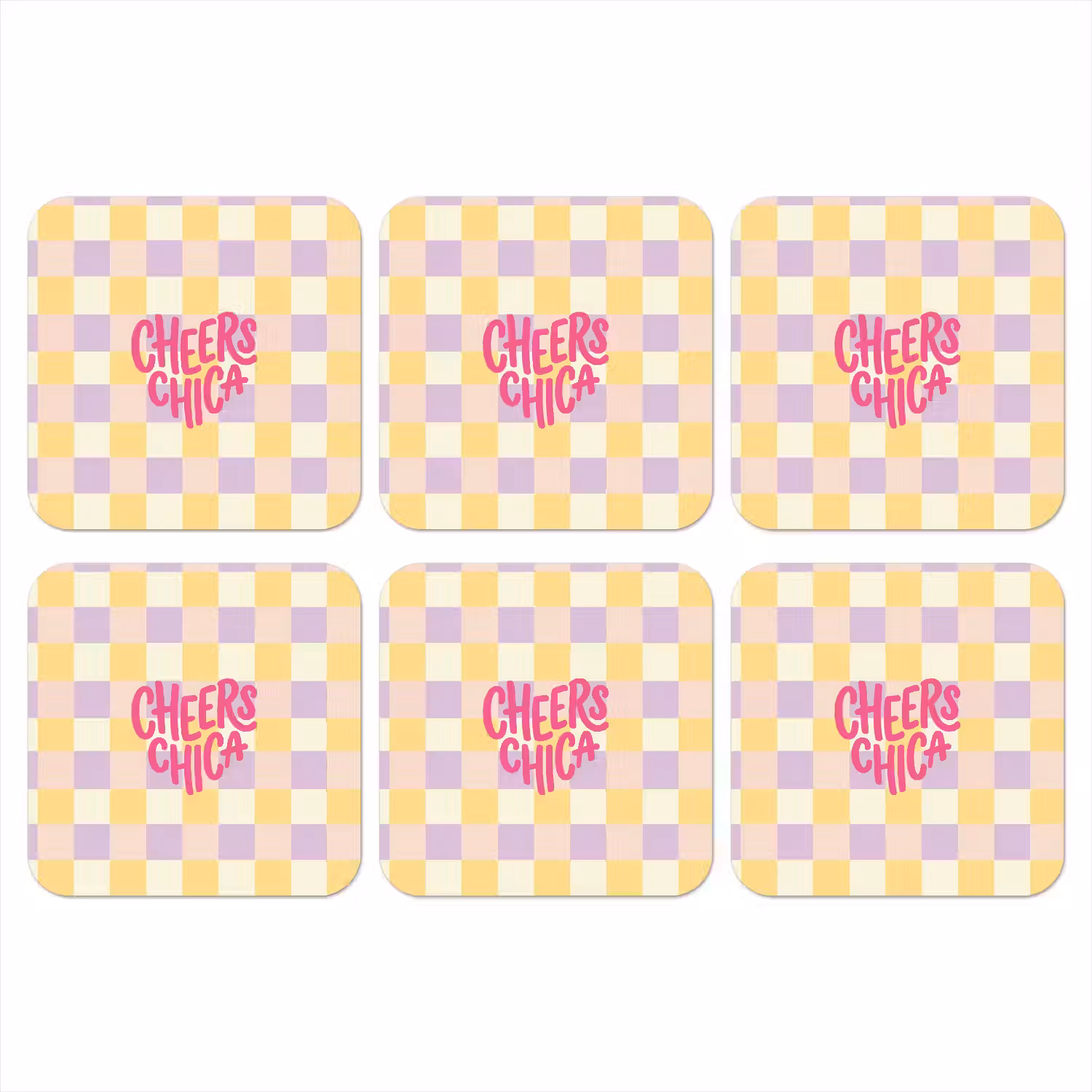 Cheers Chica - Ruitjes - Lila - Geel onderzetter kurk middel -3d