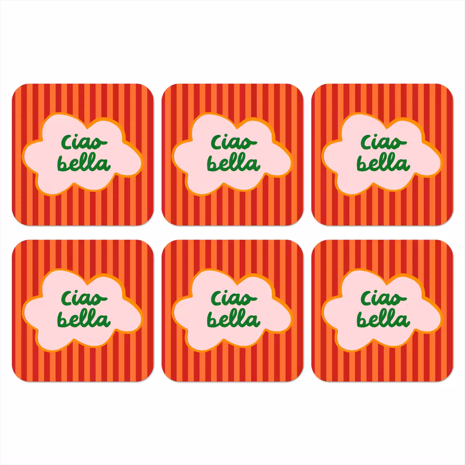 Ciao bella - Tekstwolk - Strepen - Oranje onderzetter kurk middel -3d