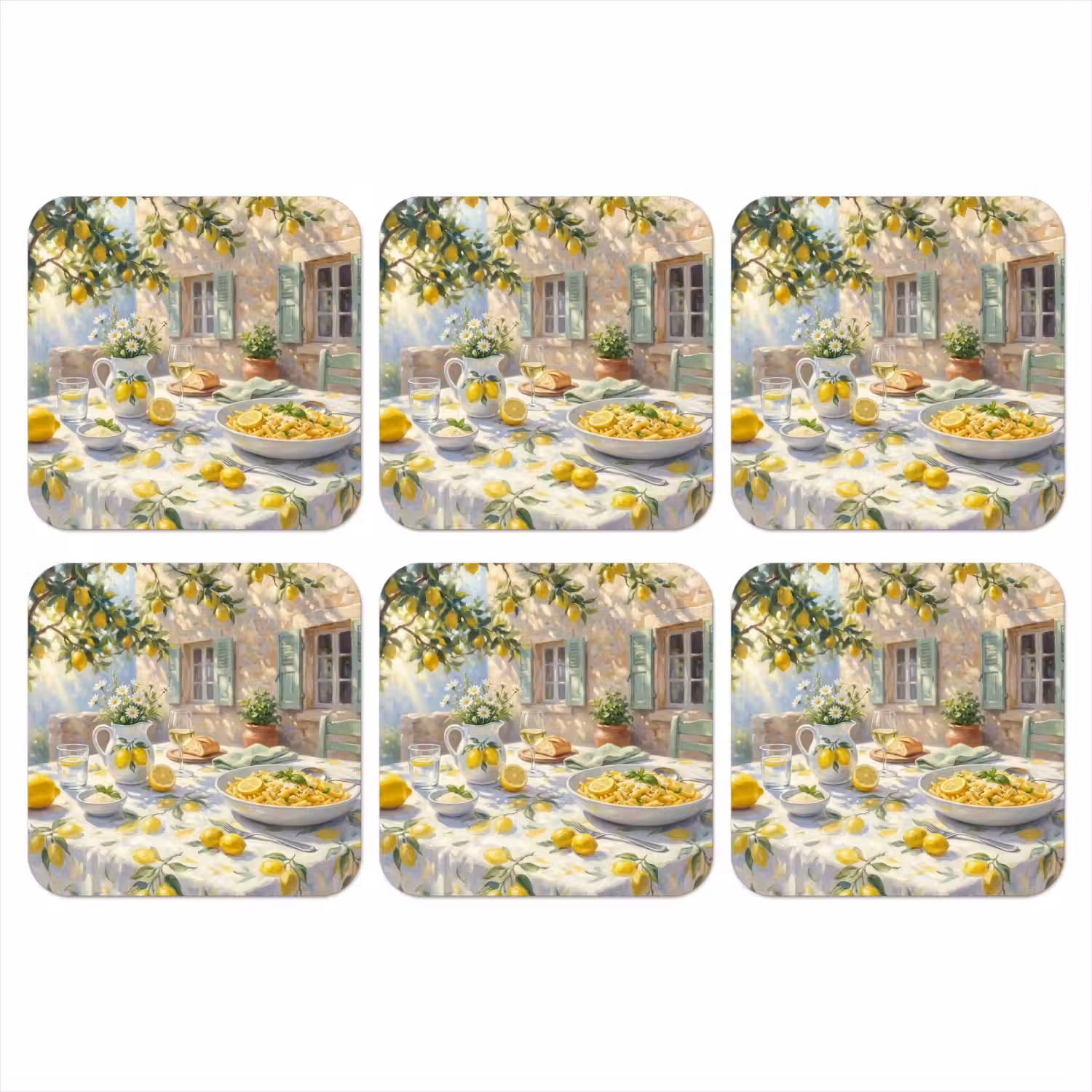 Eten - Terras - Zomer - Geschilderd - Geel onderzetter kurk middel -3d