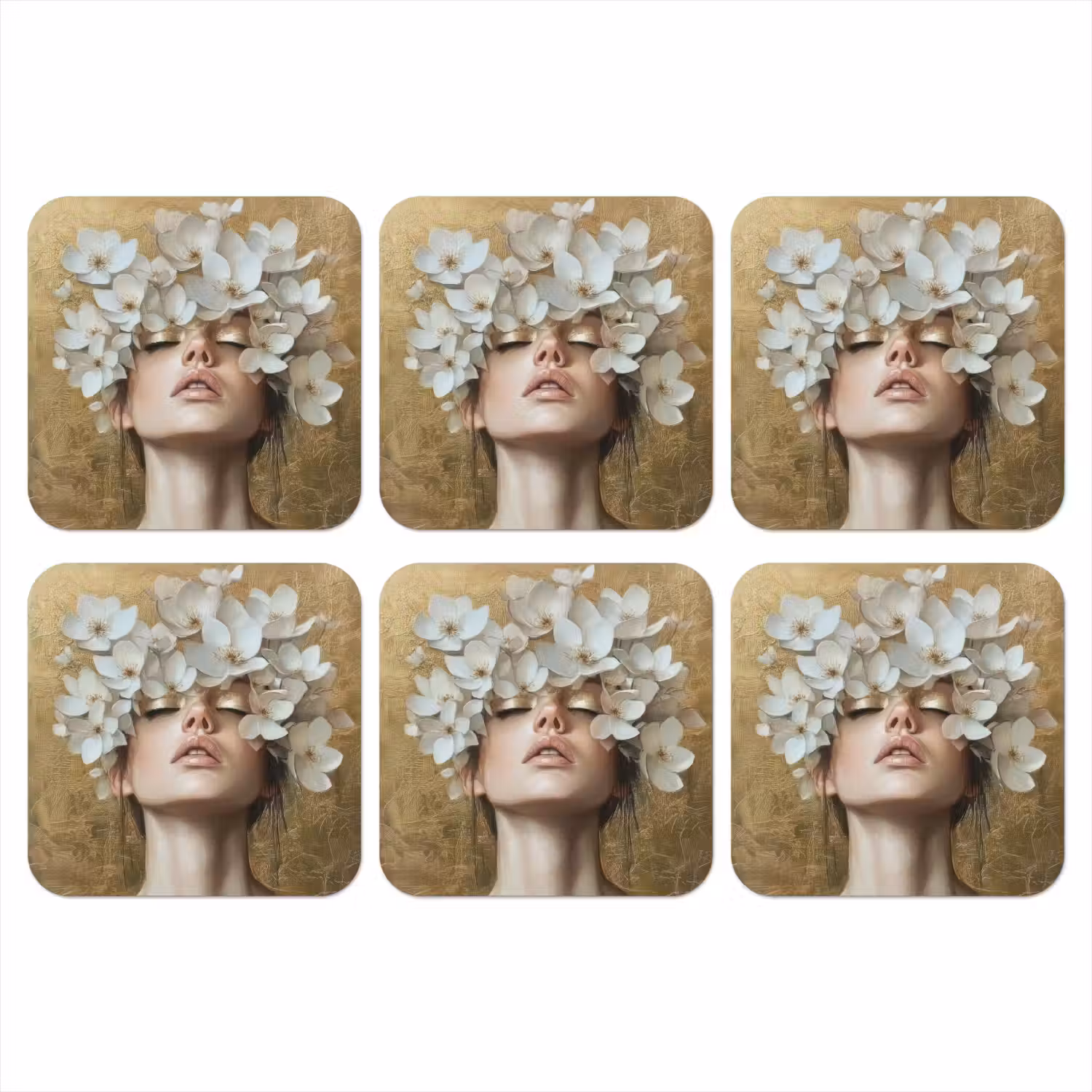 Gezicht - Bloemen - Goud - Abstract onderzetter kurk middel -3d