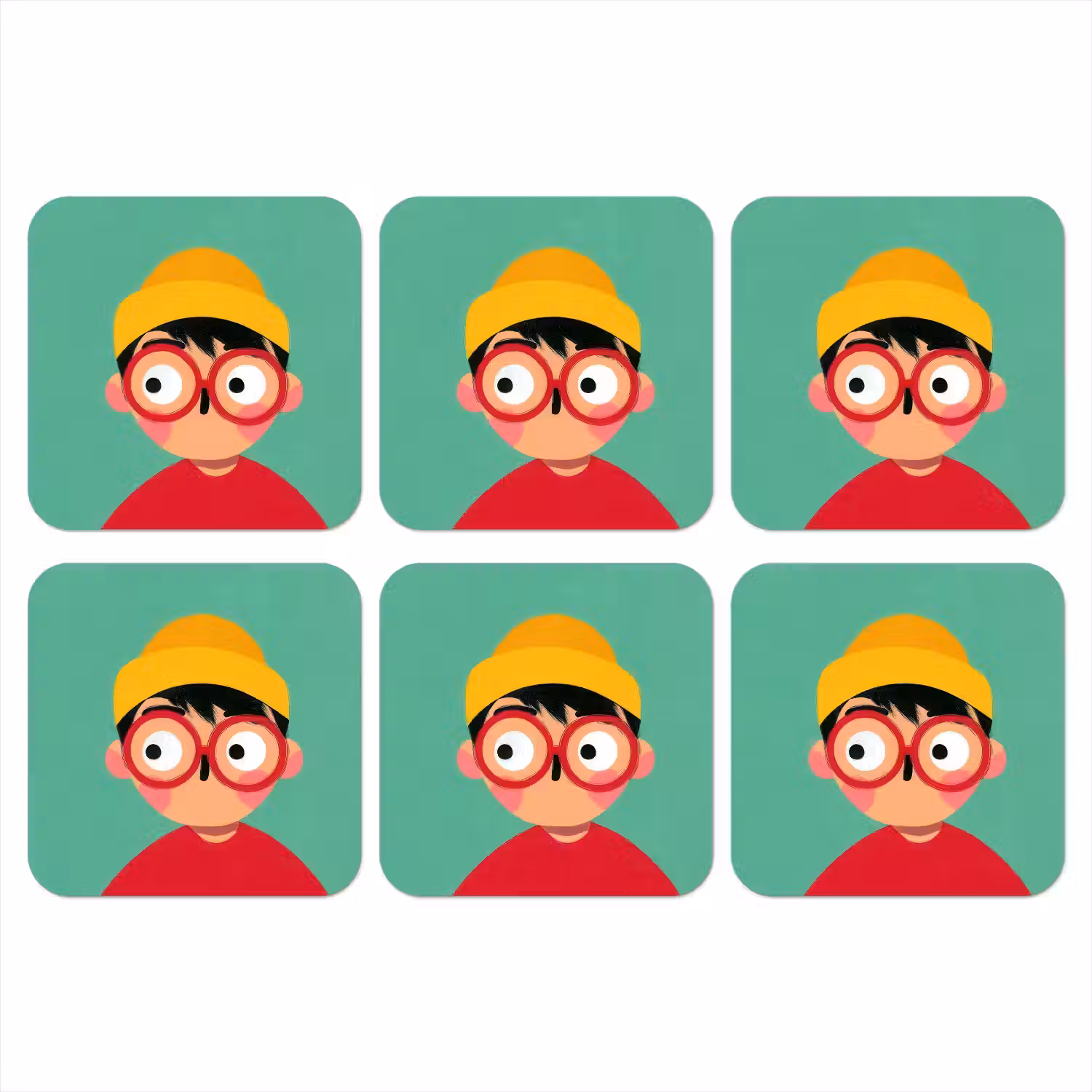 Jongen - Cartoon - Bril - Muts onderzetter kurk middel -3d