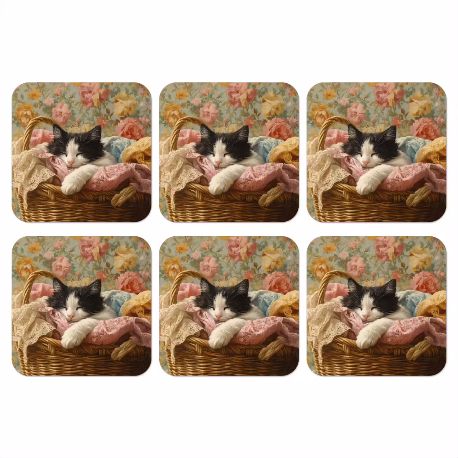Kat - Bloemenprint - Rieten mand onderzetter kurk middel -3d