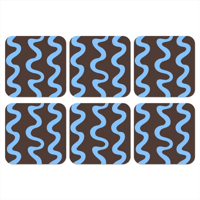 Kronkelende lijnen - Blauw - Bruin - Minimalistisch onderzetter kurk middel 366 -3d
