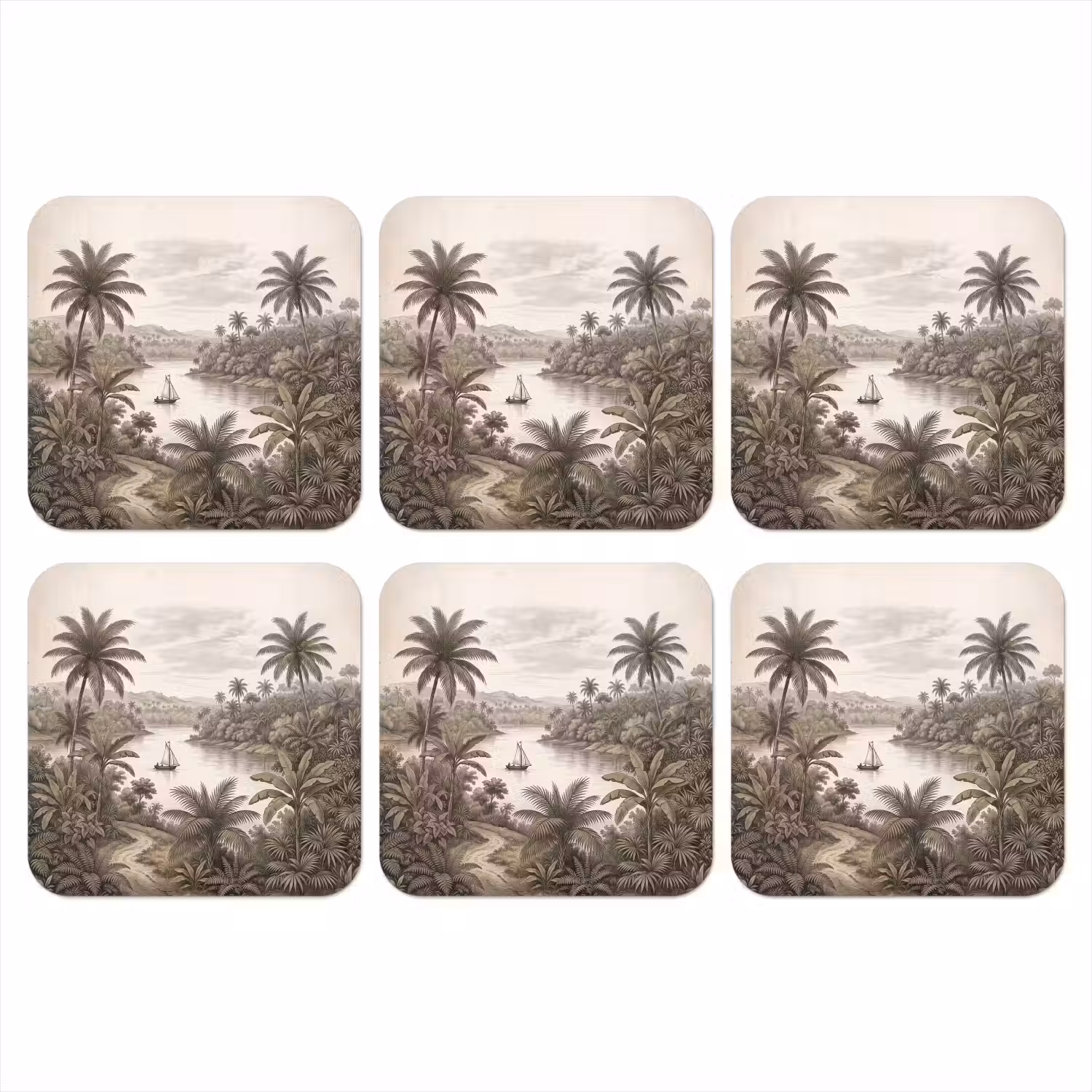 Landschap - Rivier - Boot - Tropisch - Vintage onderzetter kurk middel -3d
