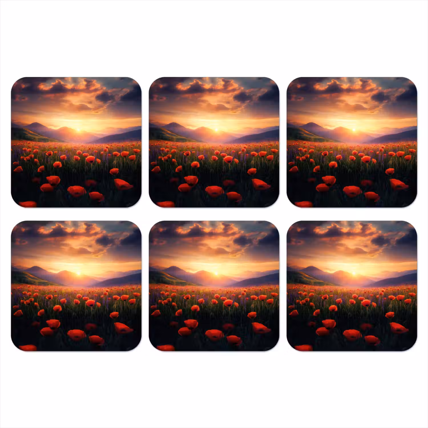 Landschap - Zonsondergang - Bloemenveld onderzetter kurk middel -3d