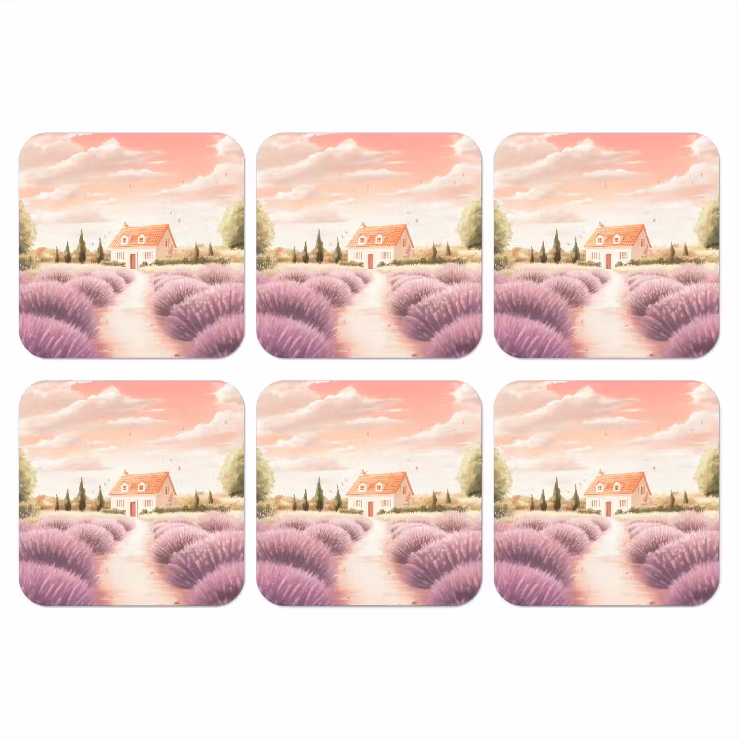Lavendelveld - Huis - Paars onderzetter kurk middel -3d