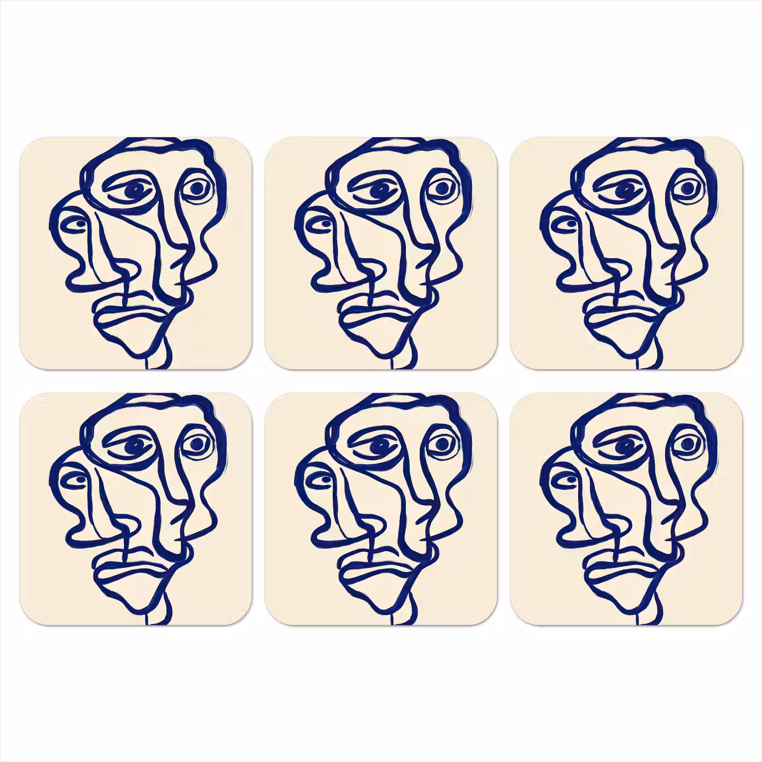 Lijntekening - Overlappende gezichten - Donkerblauw onderzetter kurk middel -3d