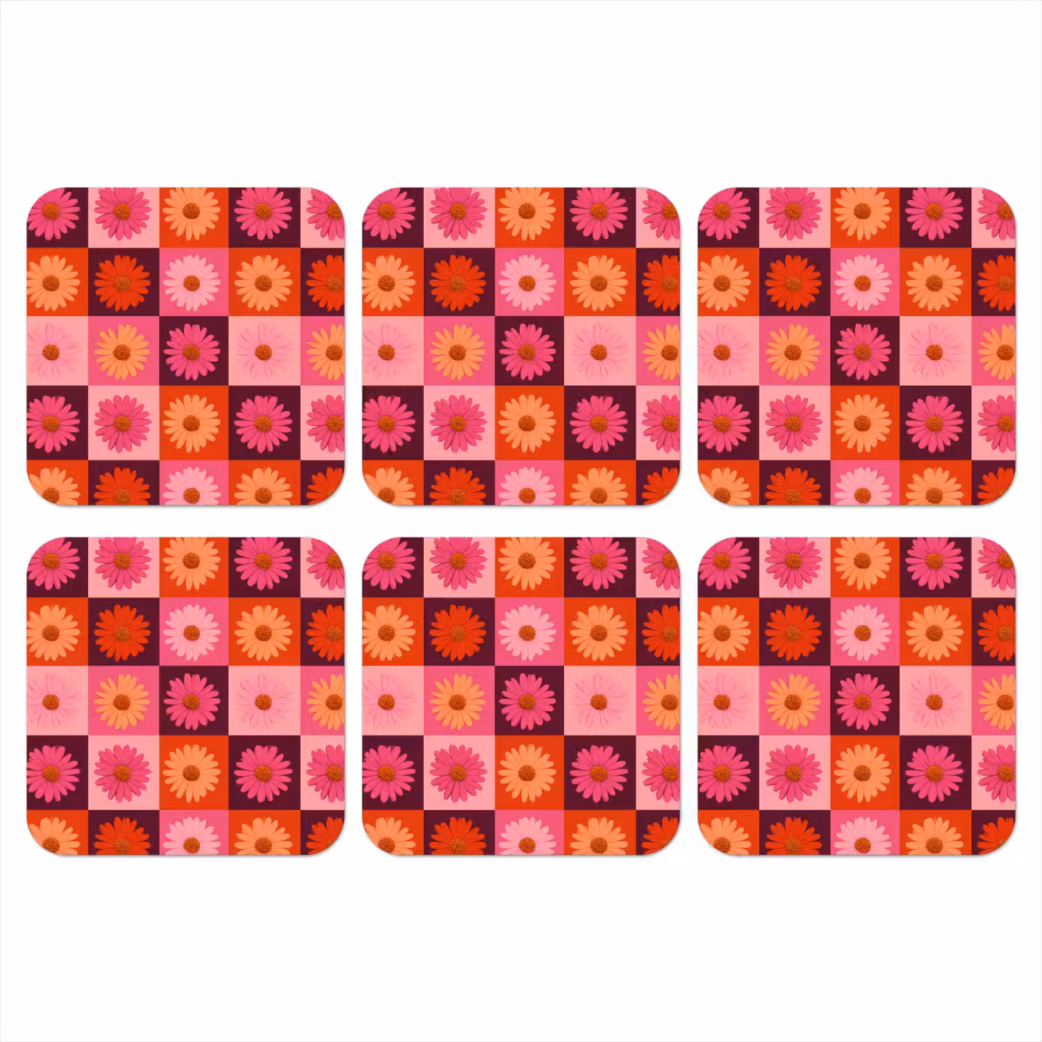 Madeliefjes - Dambord - Retro - Roze - Oranje onderzetter kurk middel 366 -3d