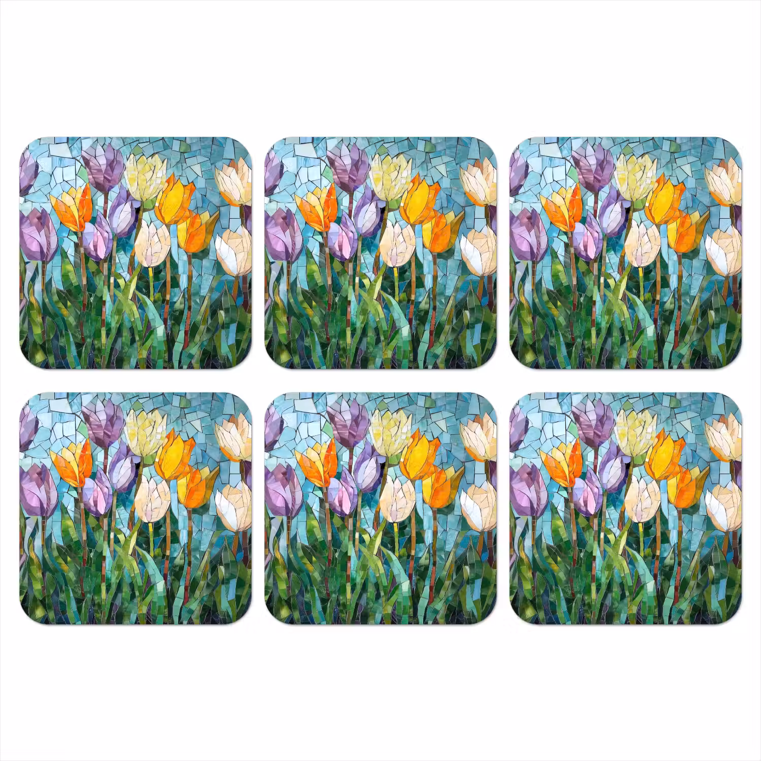Mozaïek - Veld - Tulpen - Kleurrijk onderzetter kurk middel -3d