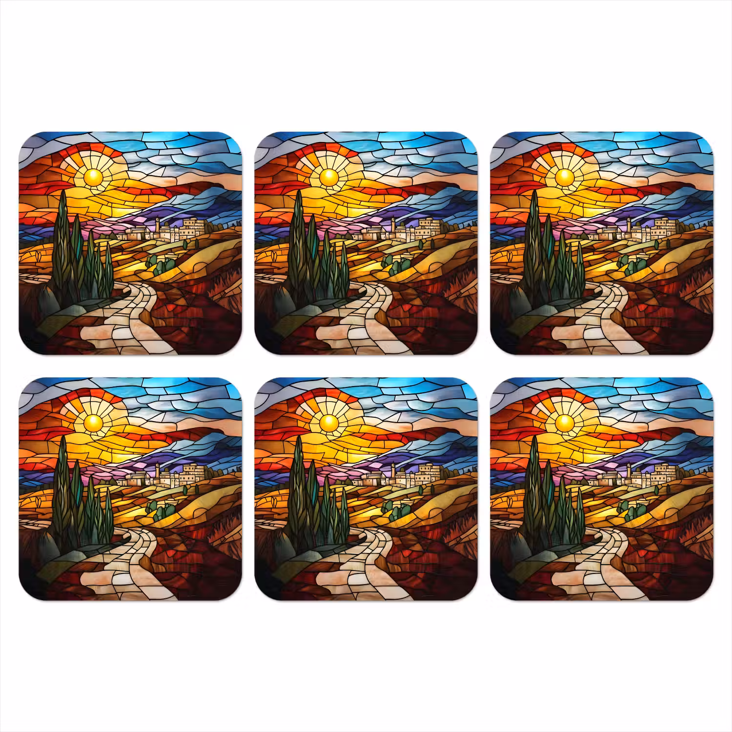 Mozaïek - Zon - Landschap - Dorp onderzetter kurk middel -3d