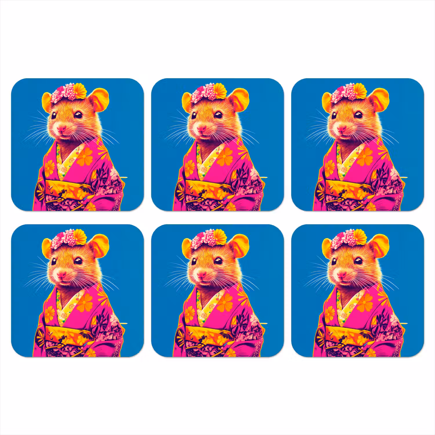Muis - Kimono - Bloemen - Blauw onderzetter kurk middel -3d