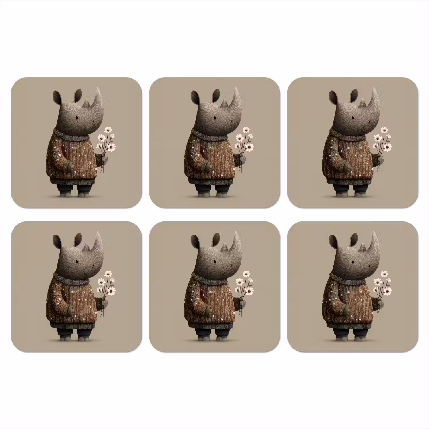 Neushoorn - Witte bloemen - Lief onderzetter kurk middel -3d