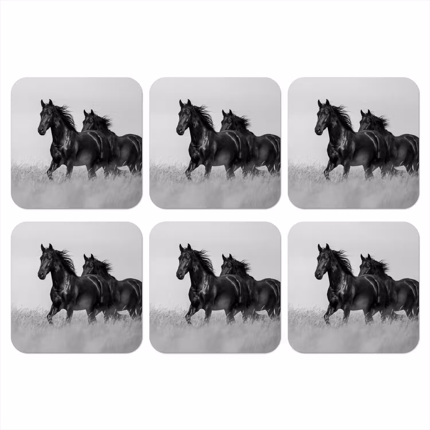 Paarden - Gras - Zwart - Wit onderzetter kurk middel -3d