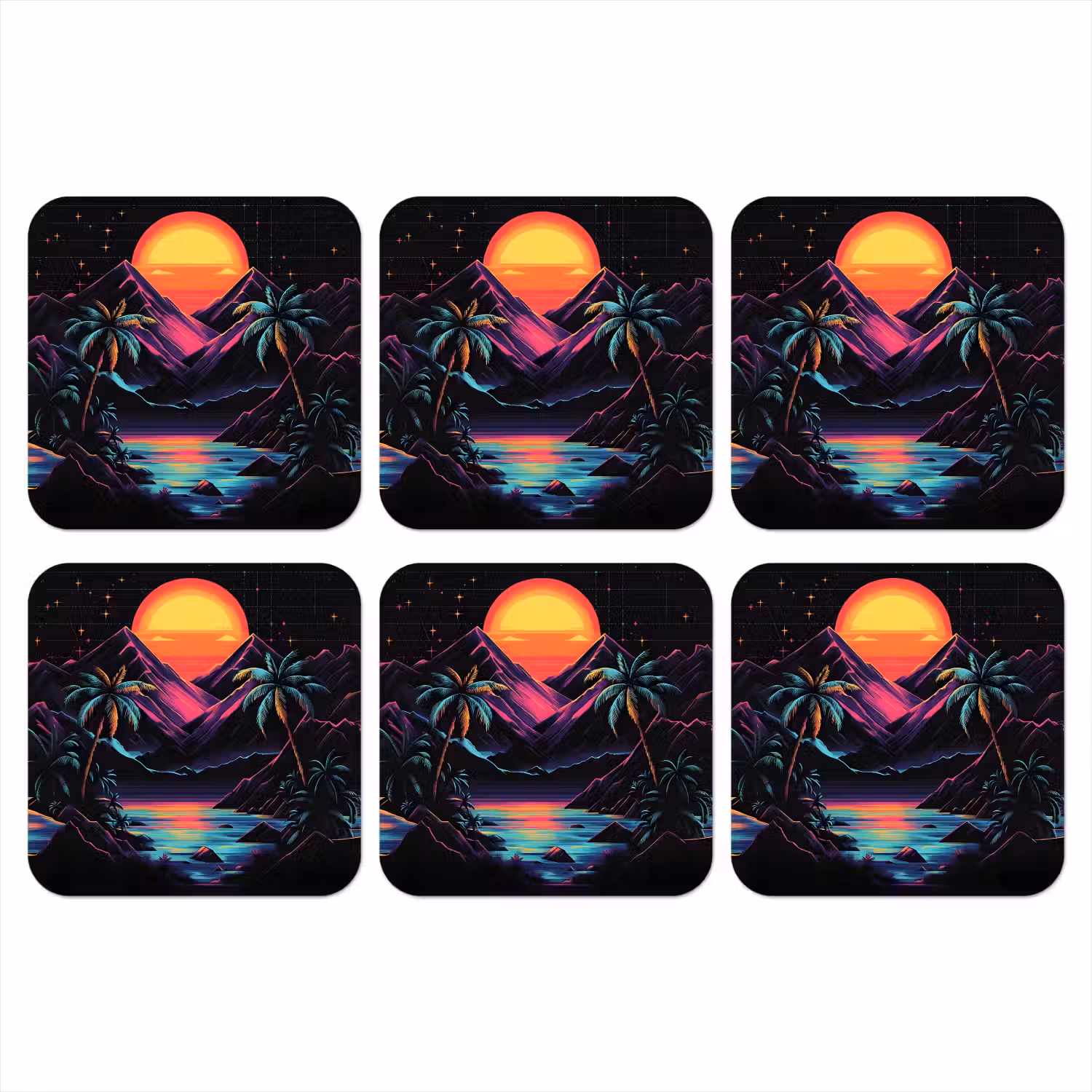 Palmbomen - Neonbergen - Sterrenhemel - Zon onderzetter kurk middel -3d