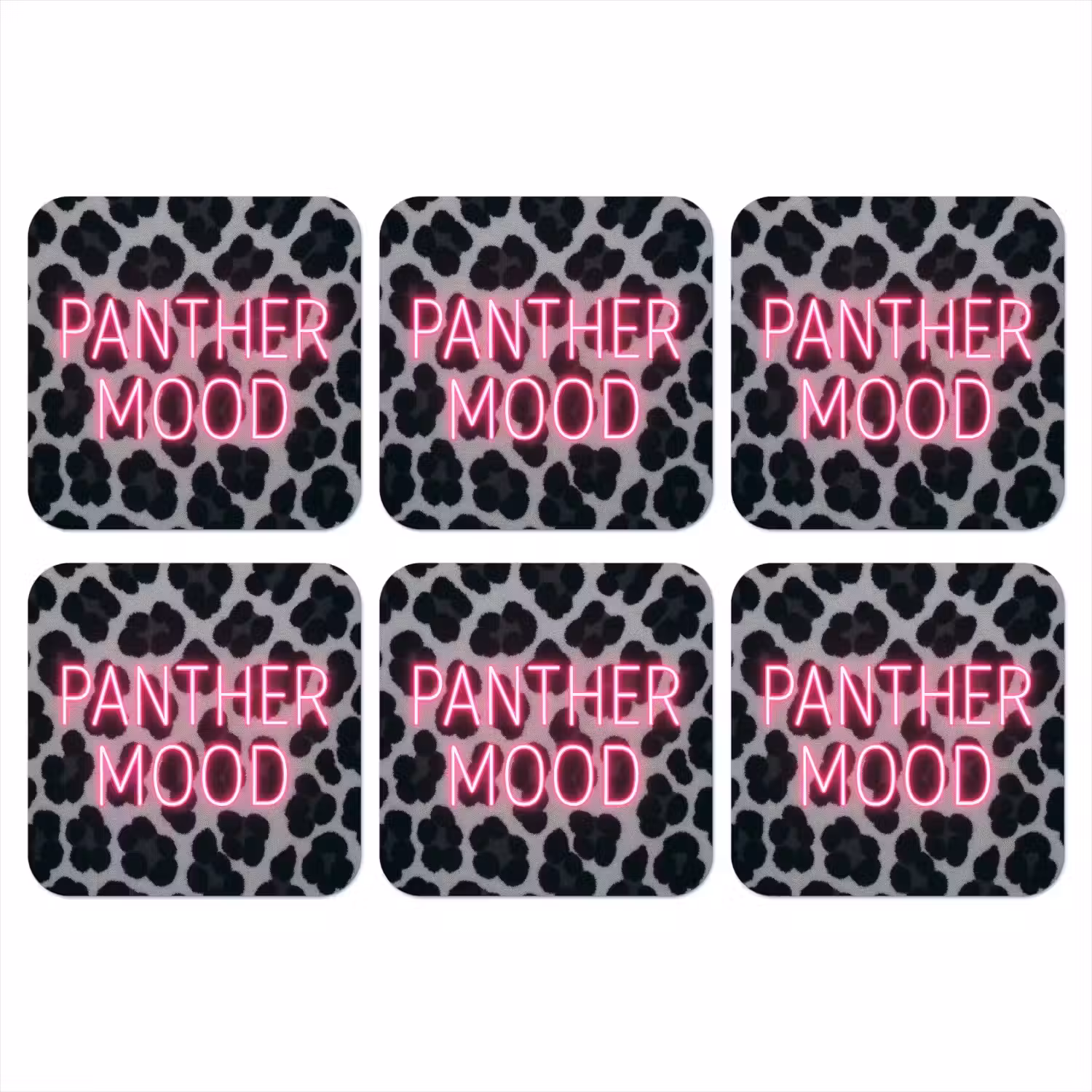Panterprint - Zwart - Neonletters - Roze onderzetter kurk middel -3d