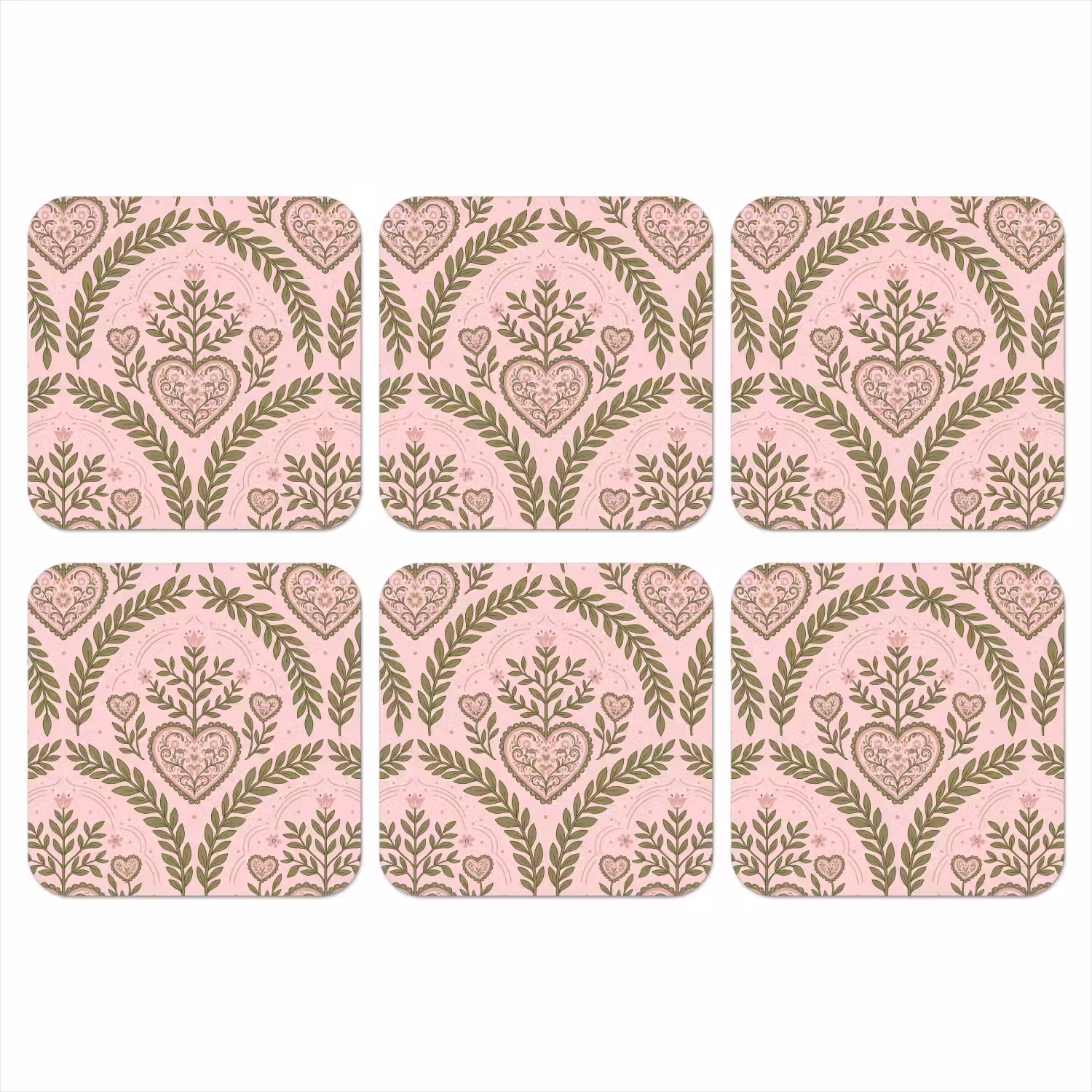 Patroon - Hart - Bloemen - Folkloristisch - Roze onderzetter kurk middel -3d
