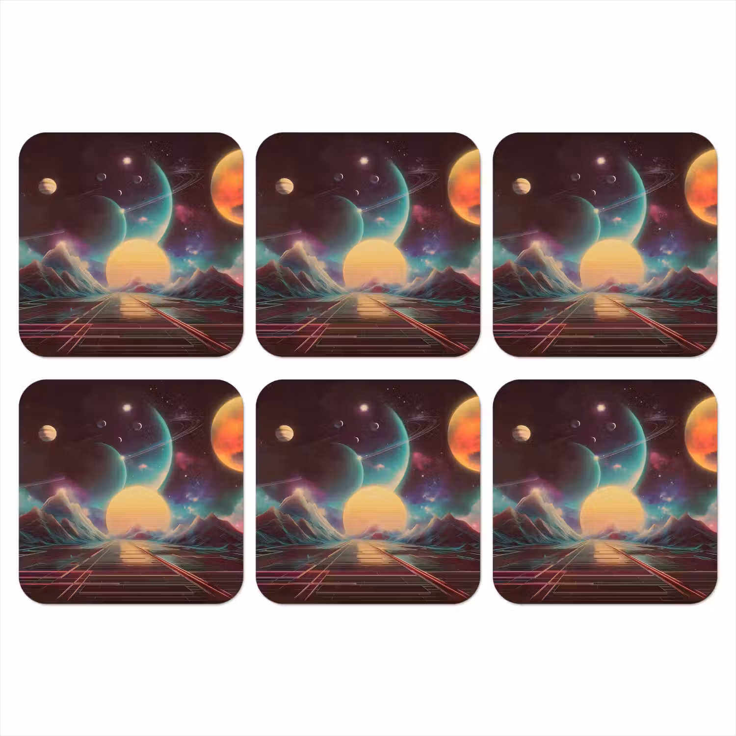 Planeten - Neon - Berglandschap - Zon onderzetter kurk middel -3d