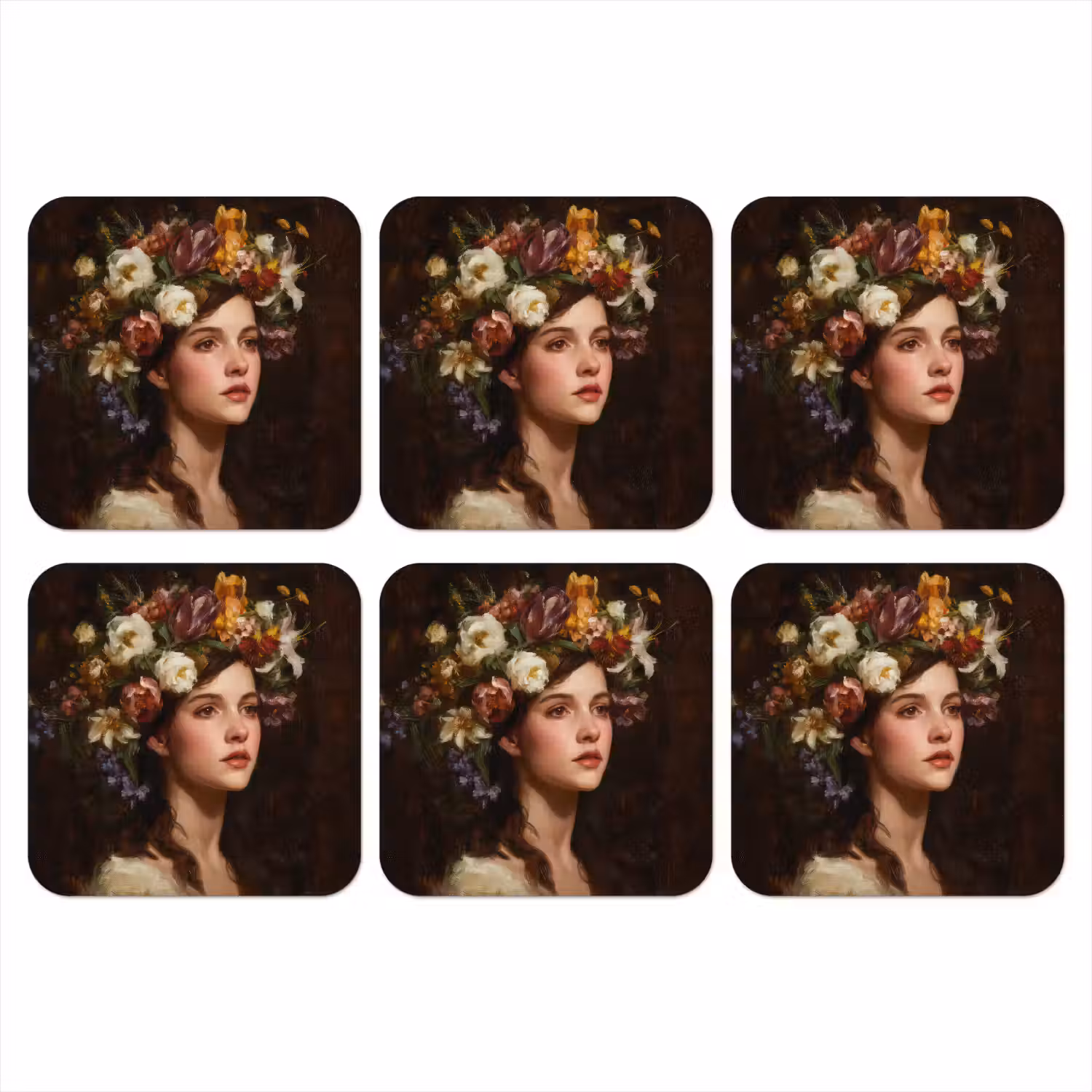 Portret - Vrouw - Bloemen onderzetter kurk middel -3d