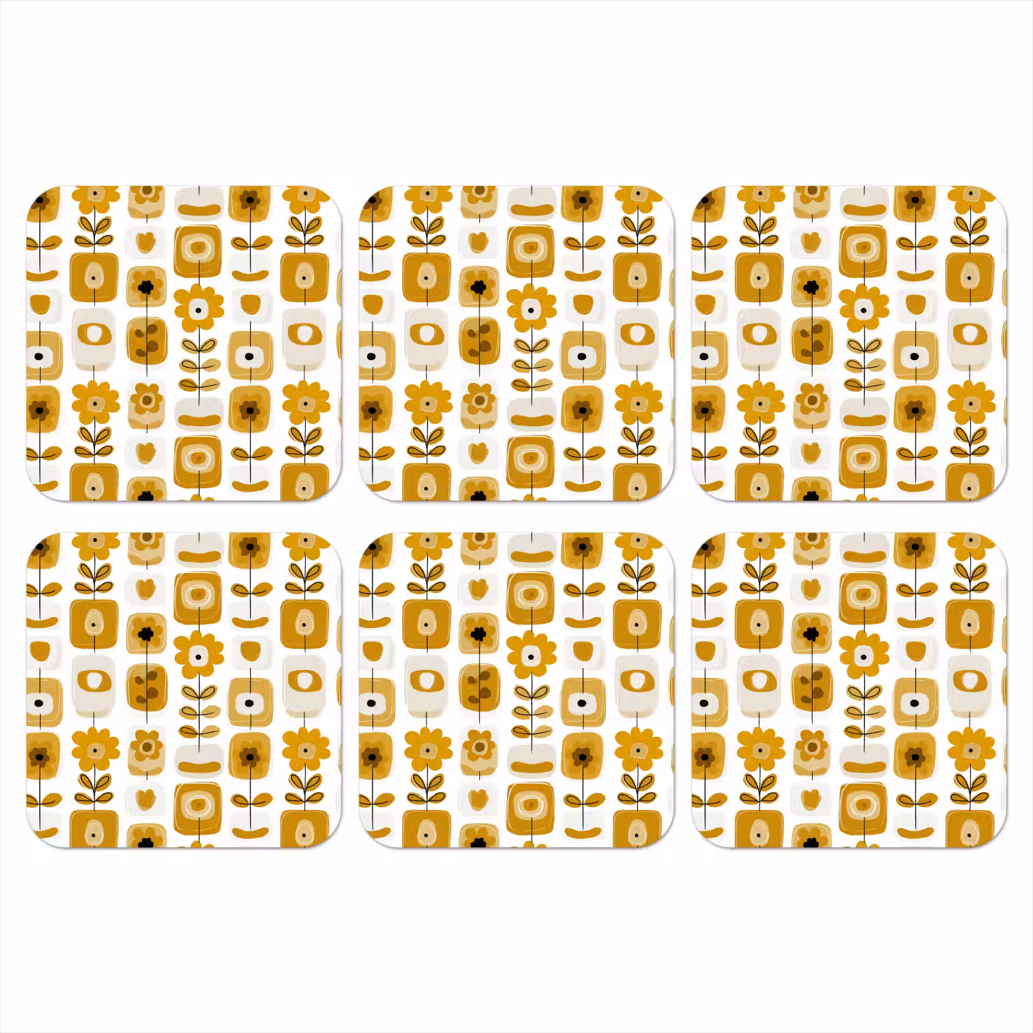 Retro - Abstract - Bloemen - Okergeel onderzetter kurk middel 366 -3d