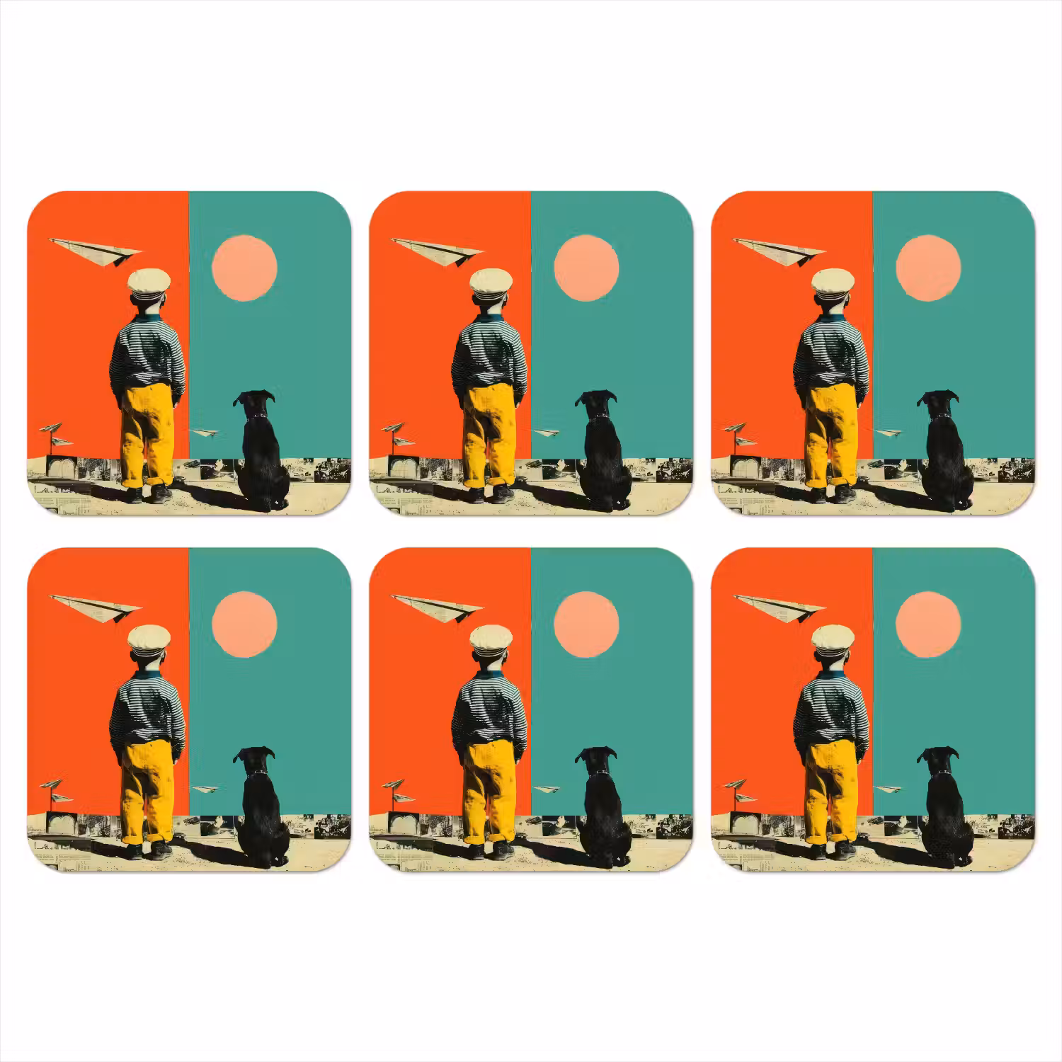 Retro - Jongen - Hond - Rood - Groen onderzetter kurk middel -3d