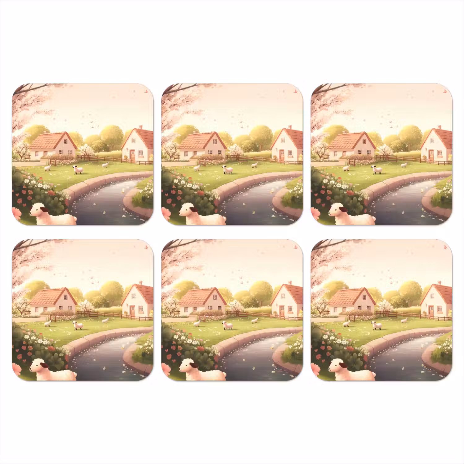 Schapen - Huisje - Platteland onderzetter kurk middel -3d