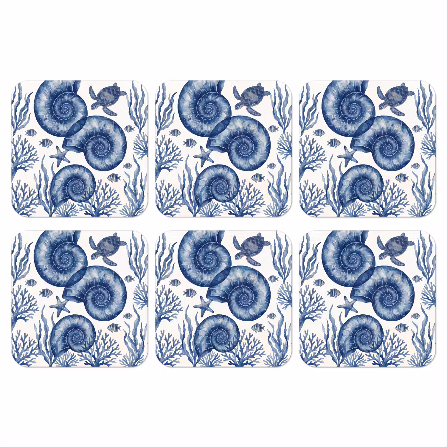 Schelp - Spiraal - Zeeleven - Aquarel - Blauw onderzetter kurk middel -3d