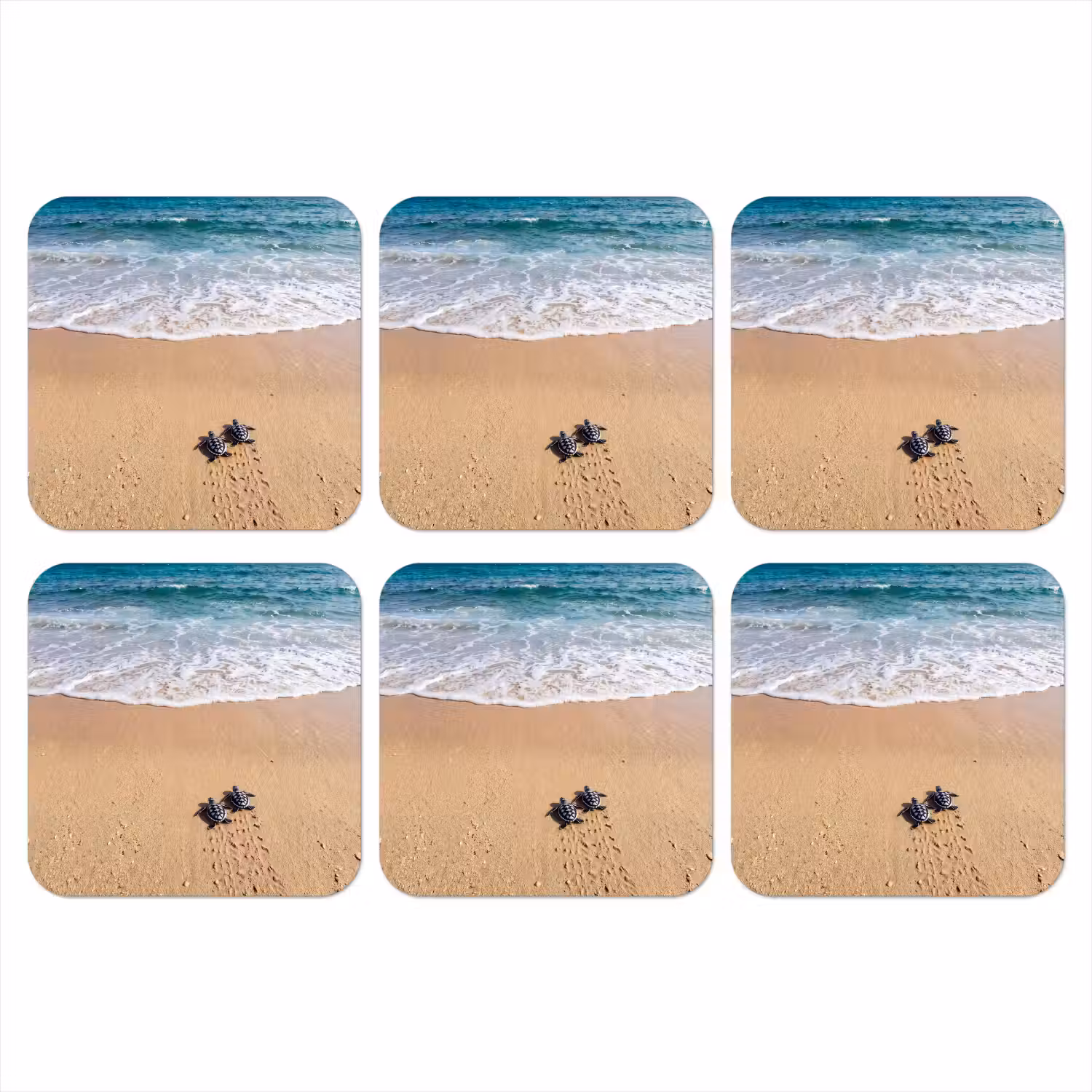 Schildpad - Jong - Strand - Oceaan - Blauw onderzetter kurk middel -3d