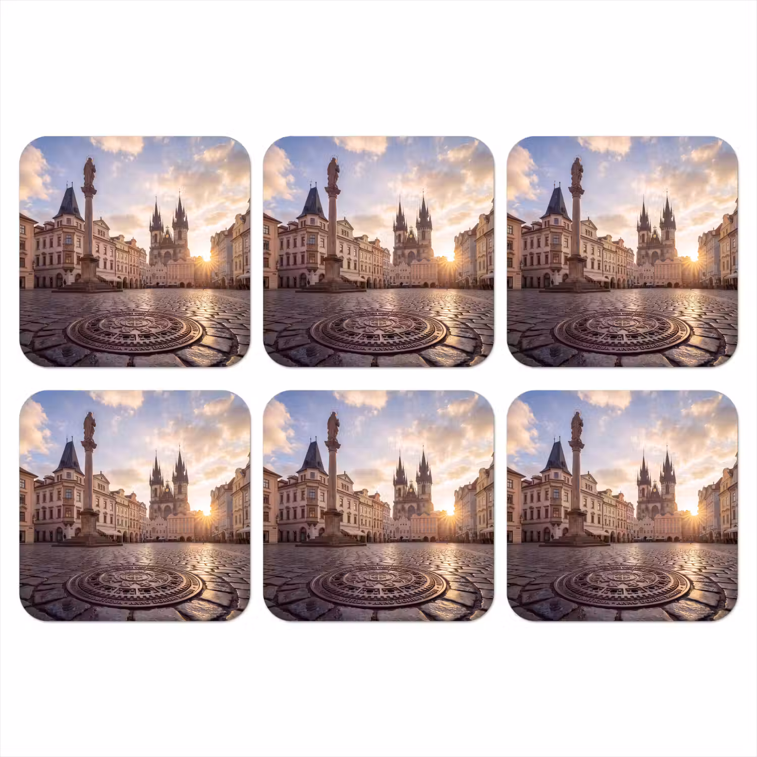 Stad - Praag - Ochtend - Architectuur - Goud onderzetter kurk middel -3d
