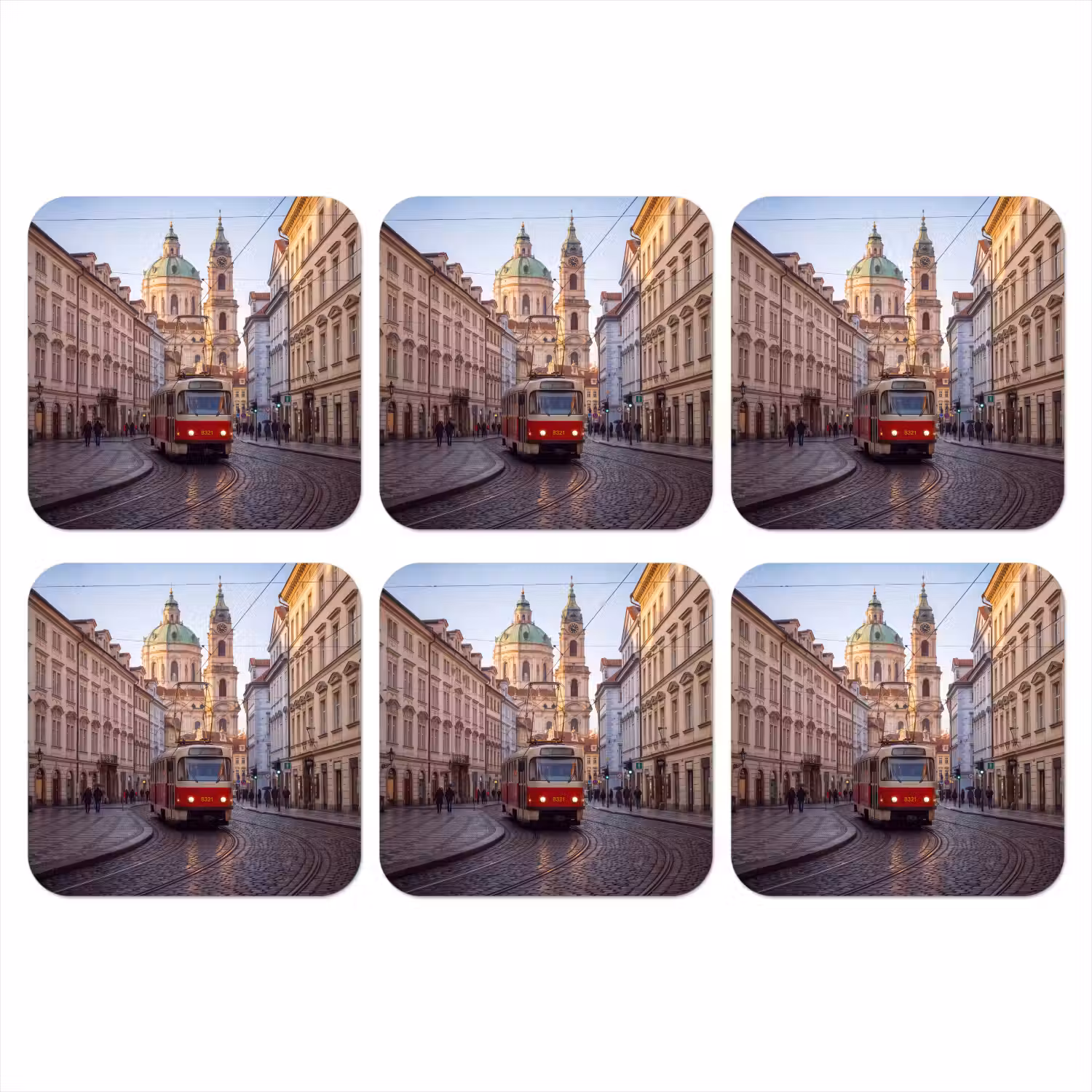 Tram - Straat - Stadsgezicht - Klassiek - Rood onderzetter kurk middel -3d