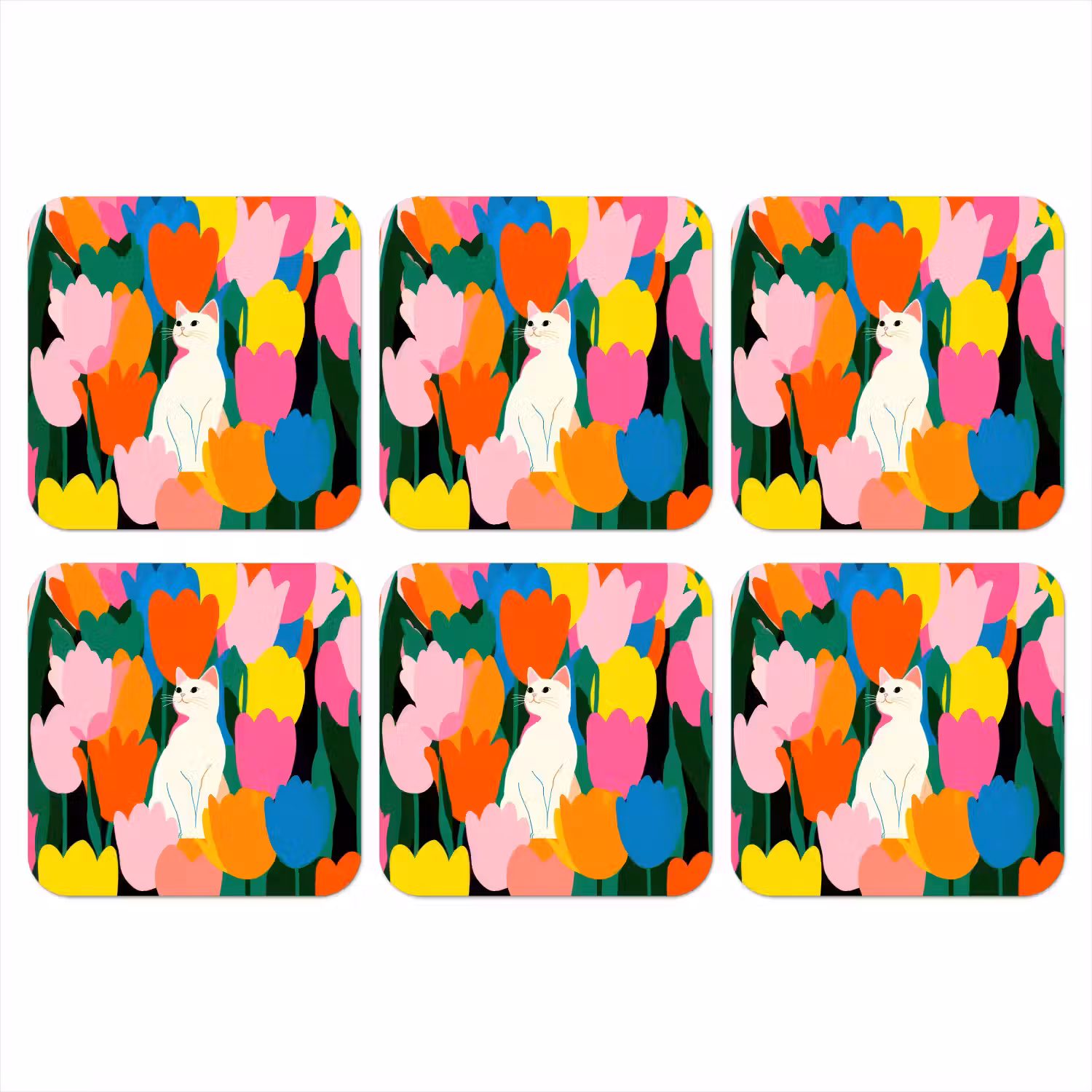 Tulpen - Kat - Kleurrijk onderzetter kurk middel -3d