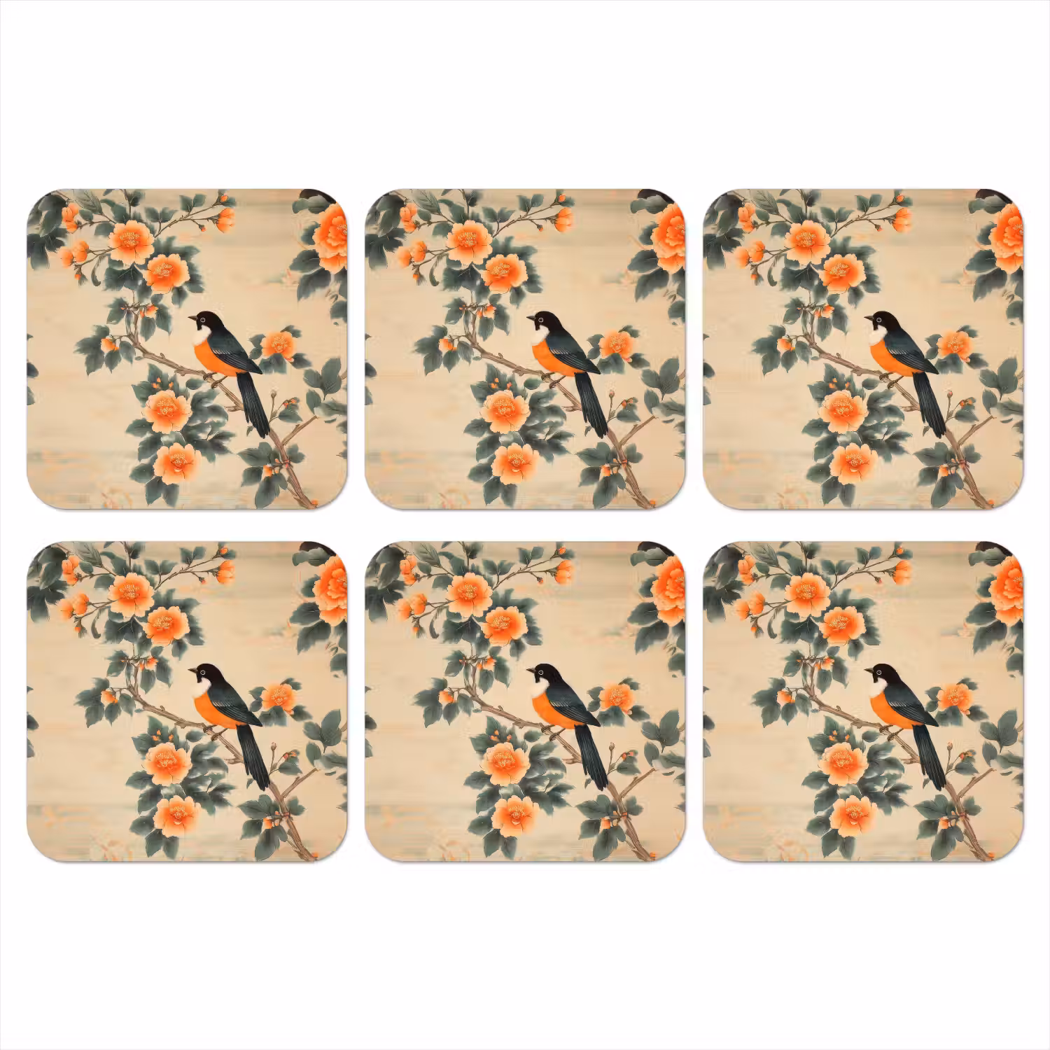 Vogel - Tak - Bloemen - Oranje onderzetter kurk middel -3d