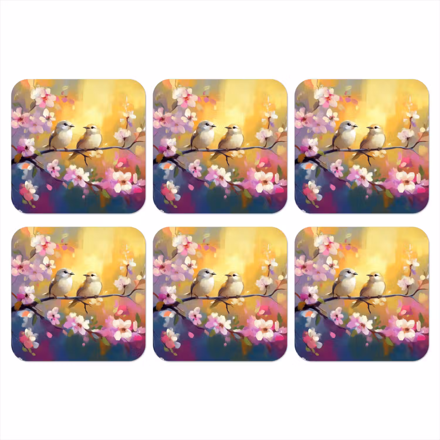 Vogels - Bloemen - Roze onderzetter kurk middel -3d