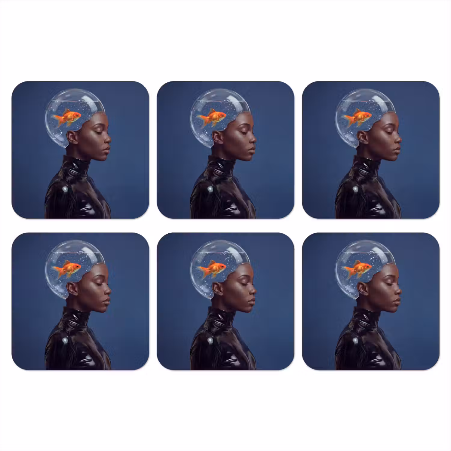 Vrouw - Goudvis - Hoofd - Abstract - Blauw onderzetter kurk middel -3d