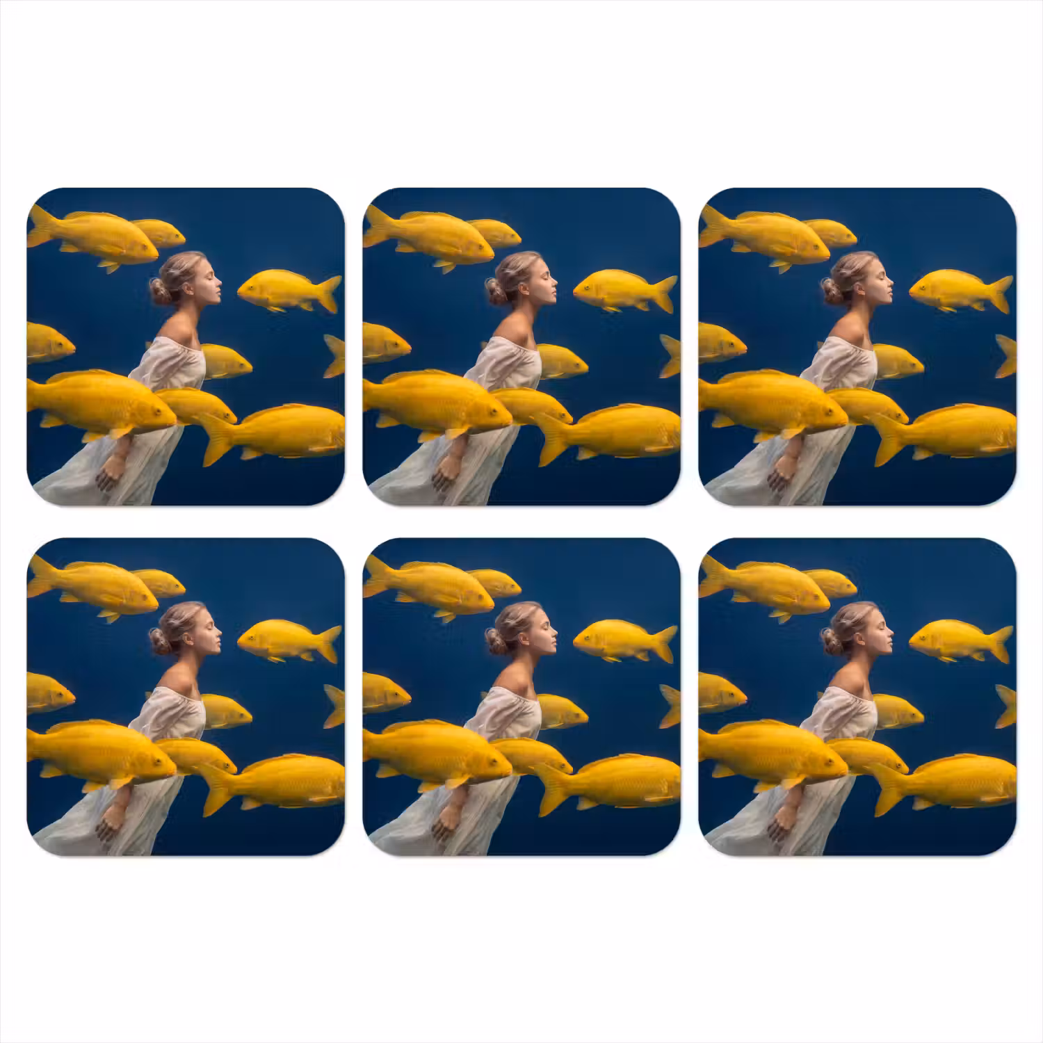 Vrouw - Vis - Water - Natuur - Geel onderzetter kurk middel -3d