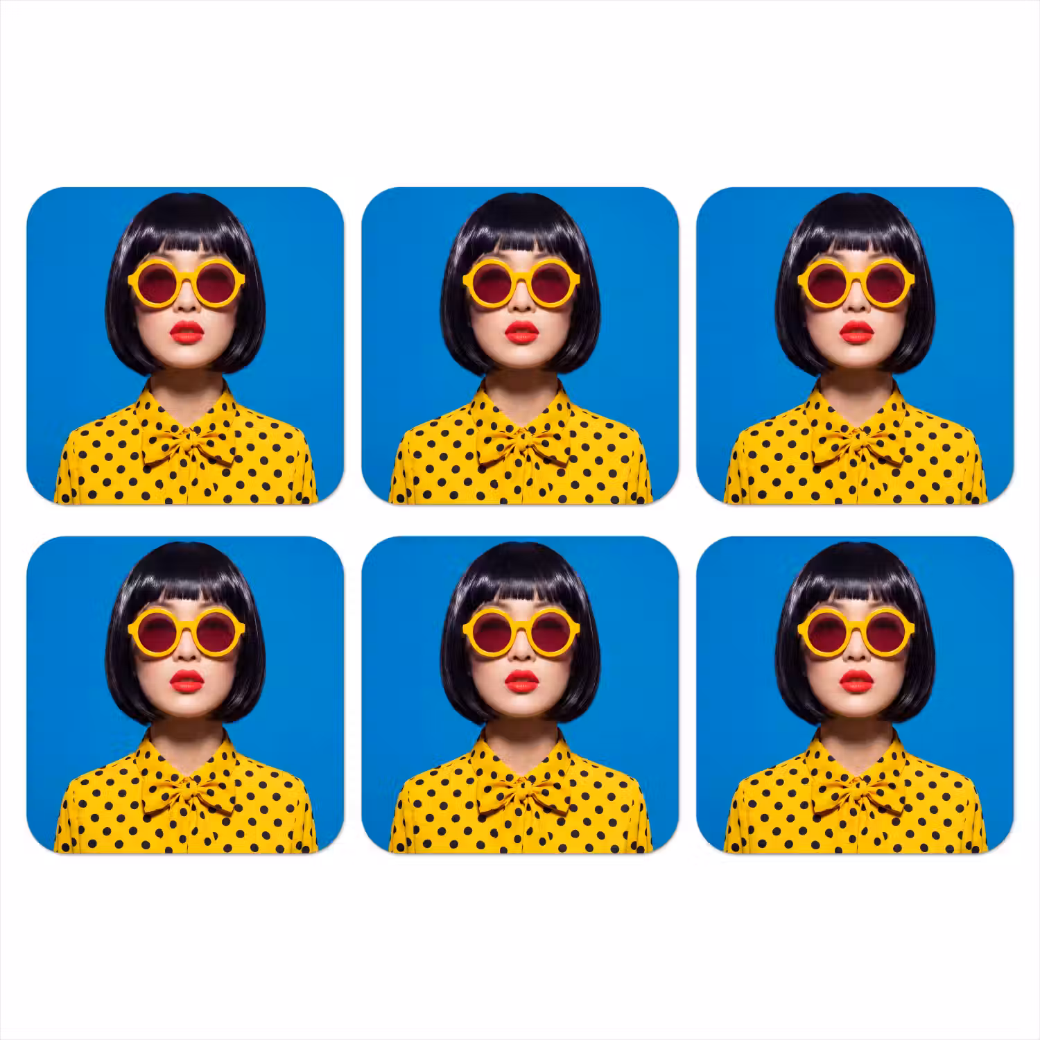 Vrouw - Zonnebril - Pop Art - Portret - Geel onderzetter kurk middel -3d