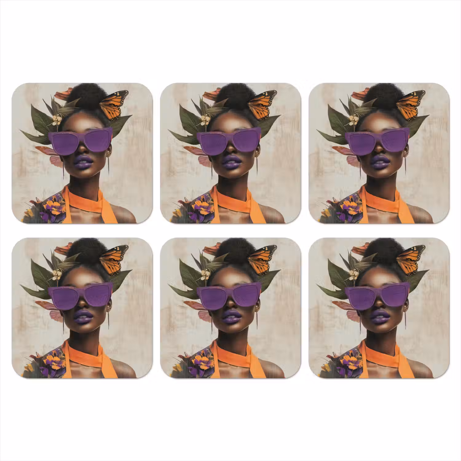 Vrouw - Zonnebril - Vlinder - Bloemen onderzetter kurk middel -3d