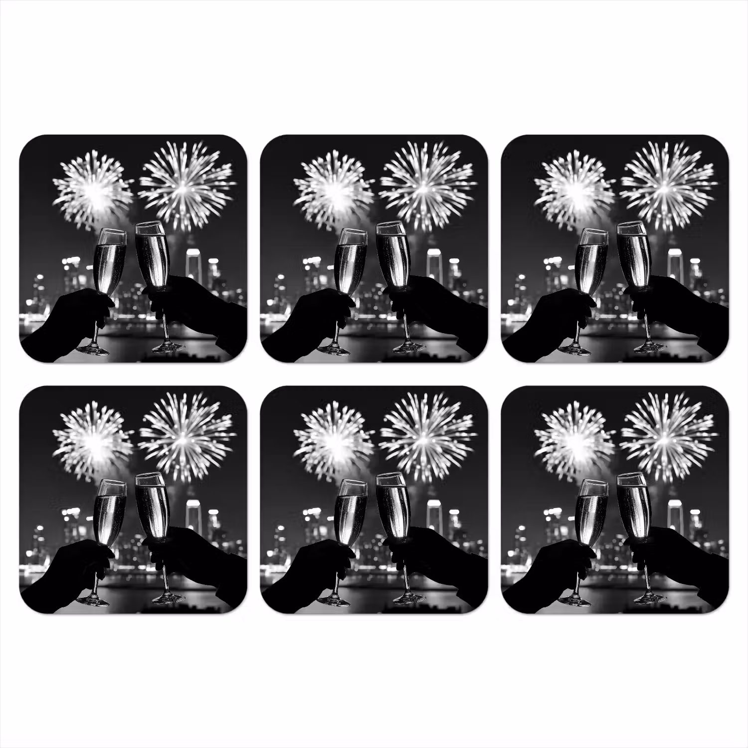 Vuurwerk - Proosten - Skyline - Champagne onderzetter kurk middel -3d