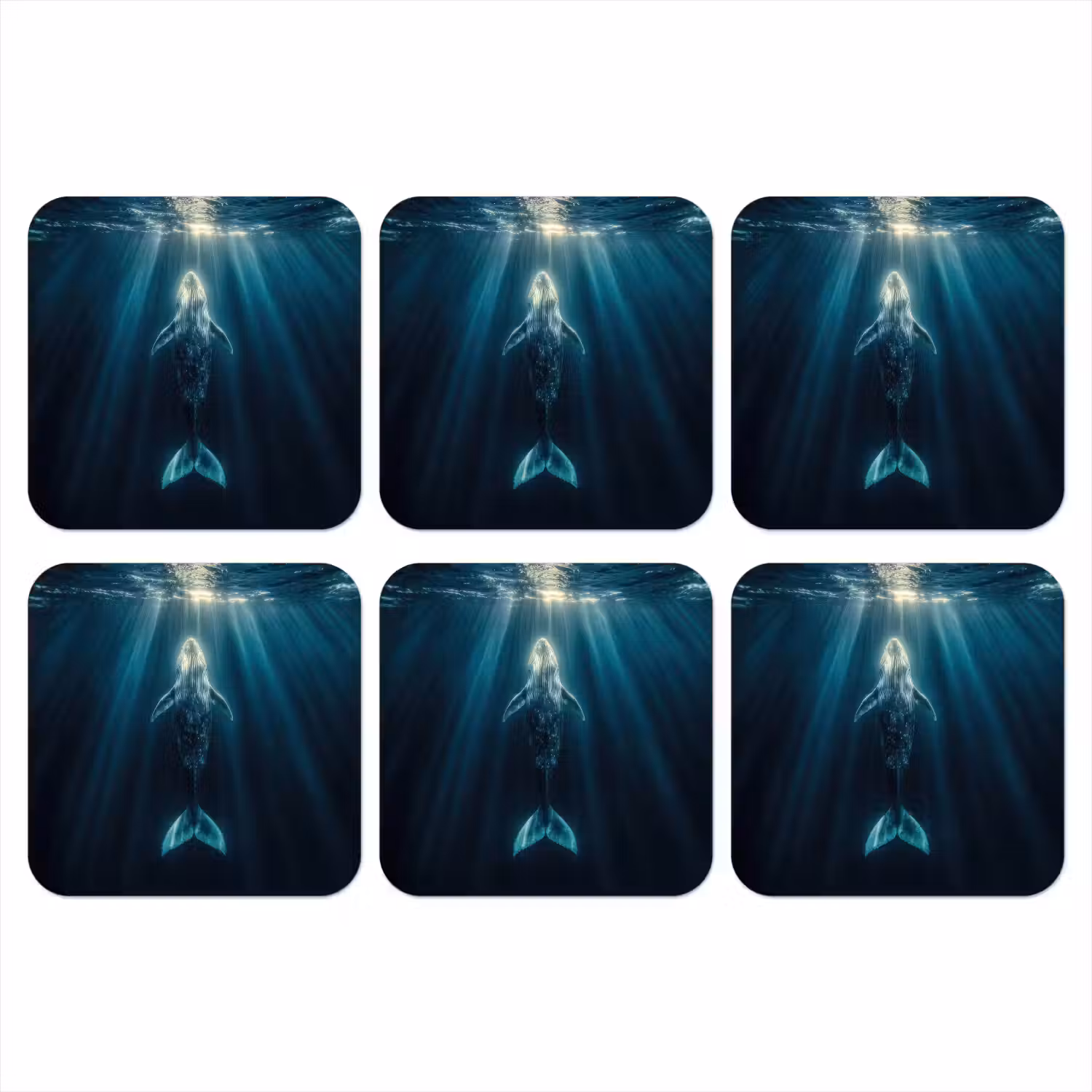 Walvis - Water - Zonnestralen - Blauw onderzetter kurk middel -3d