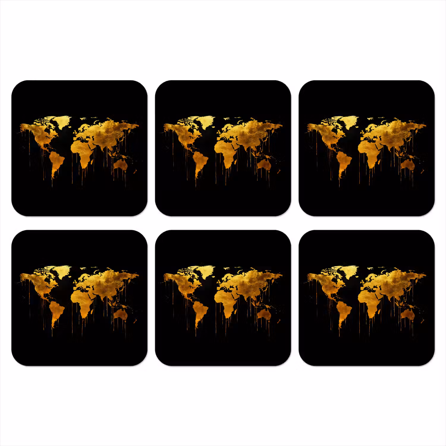 Wereldkaart - Goud - Druipen - Zwart onderzetter kurk middel -3d